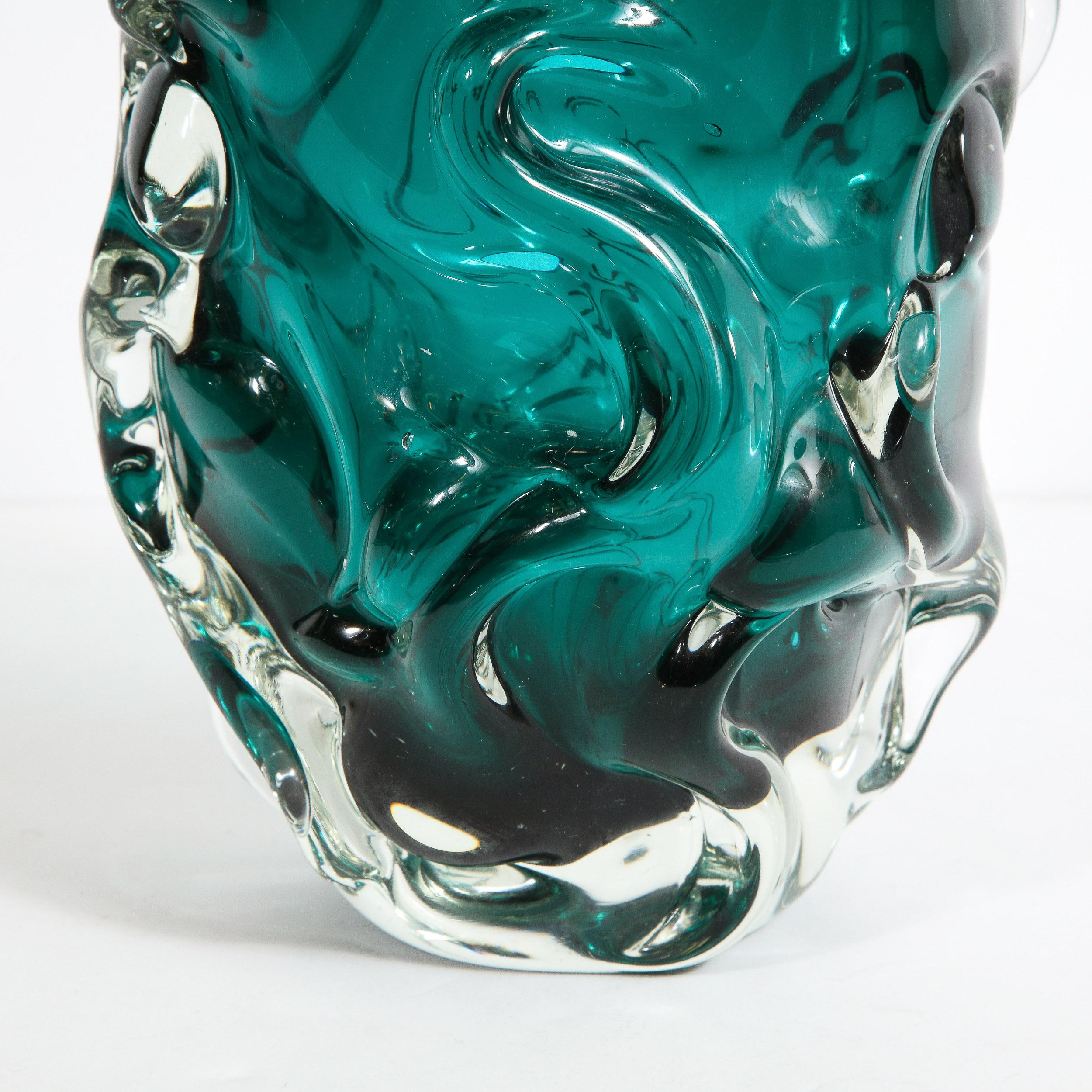 Mid-Century Modern Sculptural Hand Blown Murano Teal and Translucent Glass Vase 2