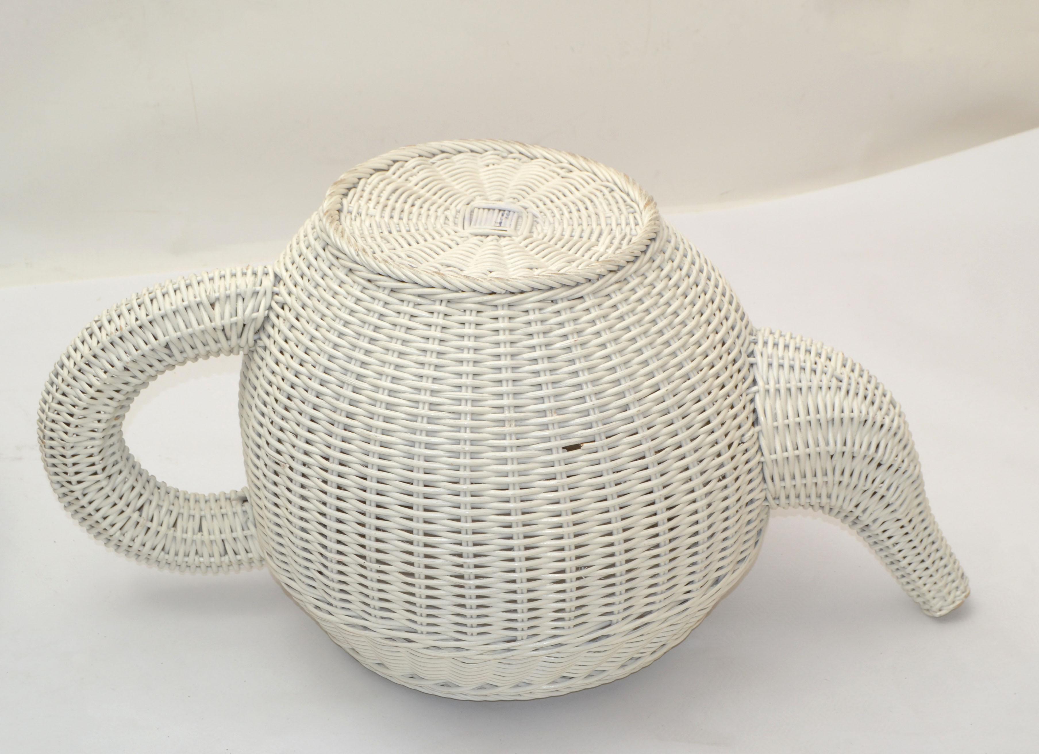 Mid-Century Modern Sculptural Handmade White Finished Wicker & Rattan Coffee Pot For Sale 3