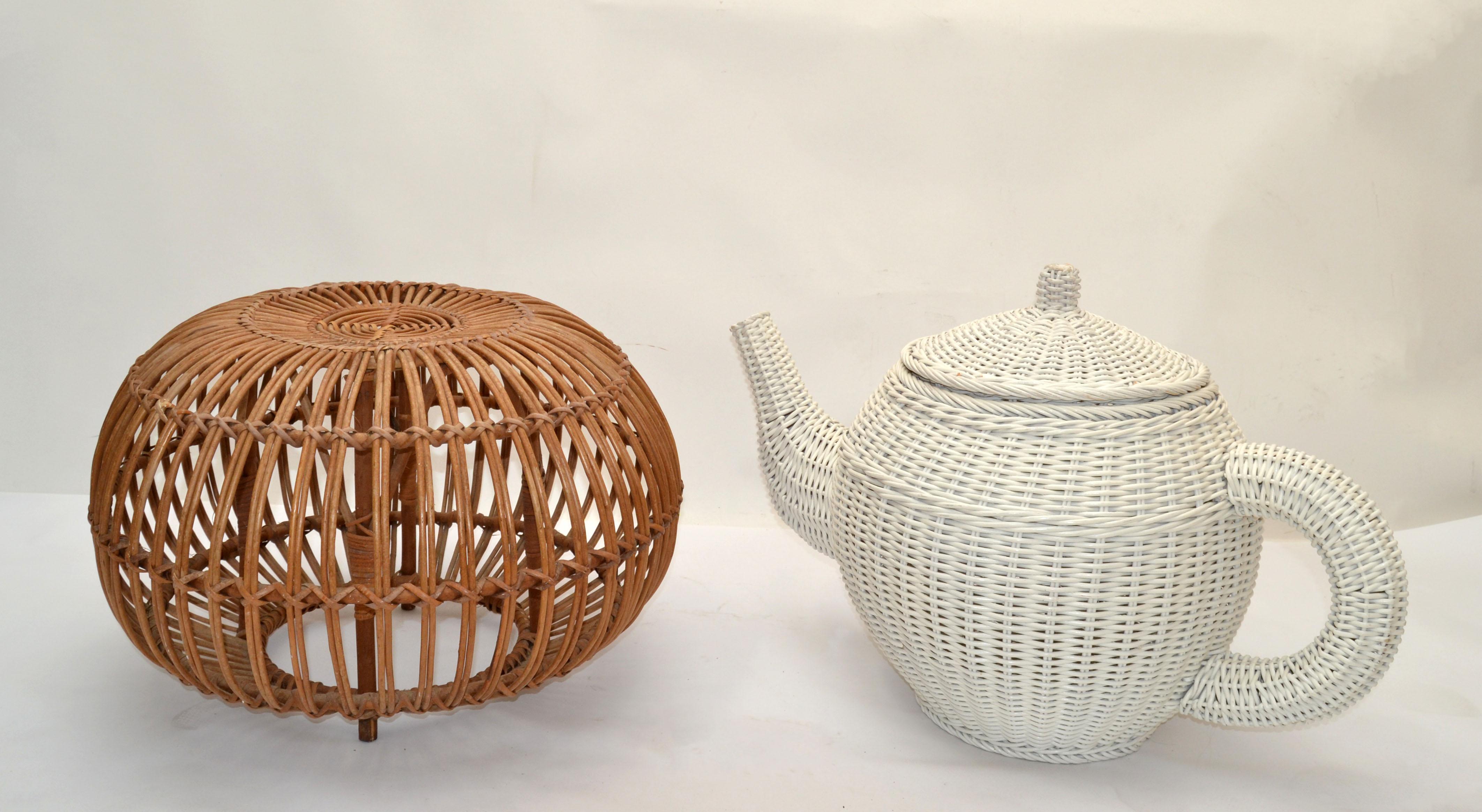 Mid-Century Modern Sculptural Handmade White Finished Wicker & Rattan Coffee Pot For Sale 6