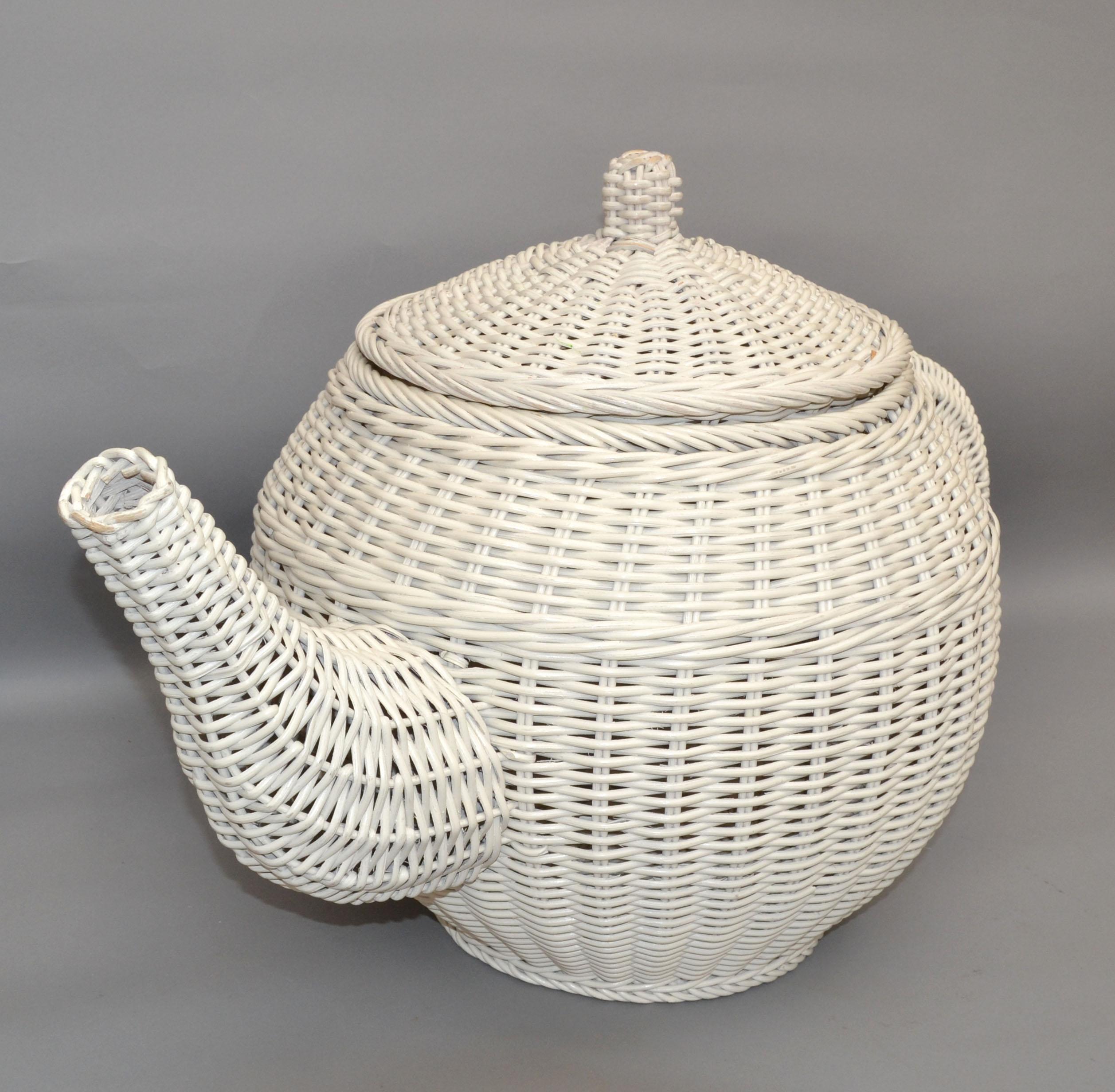 American Mid-Century Modern Sculptural Handmade White Finished Wicker & Rattan Coffee Pot For Sale