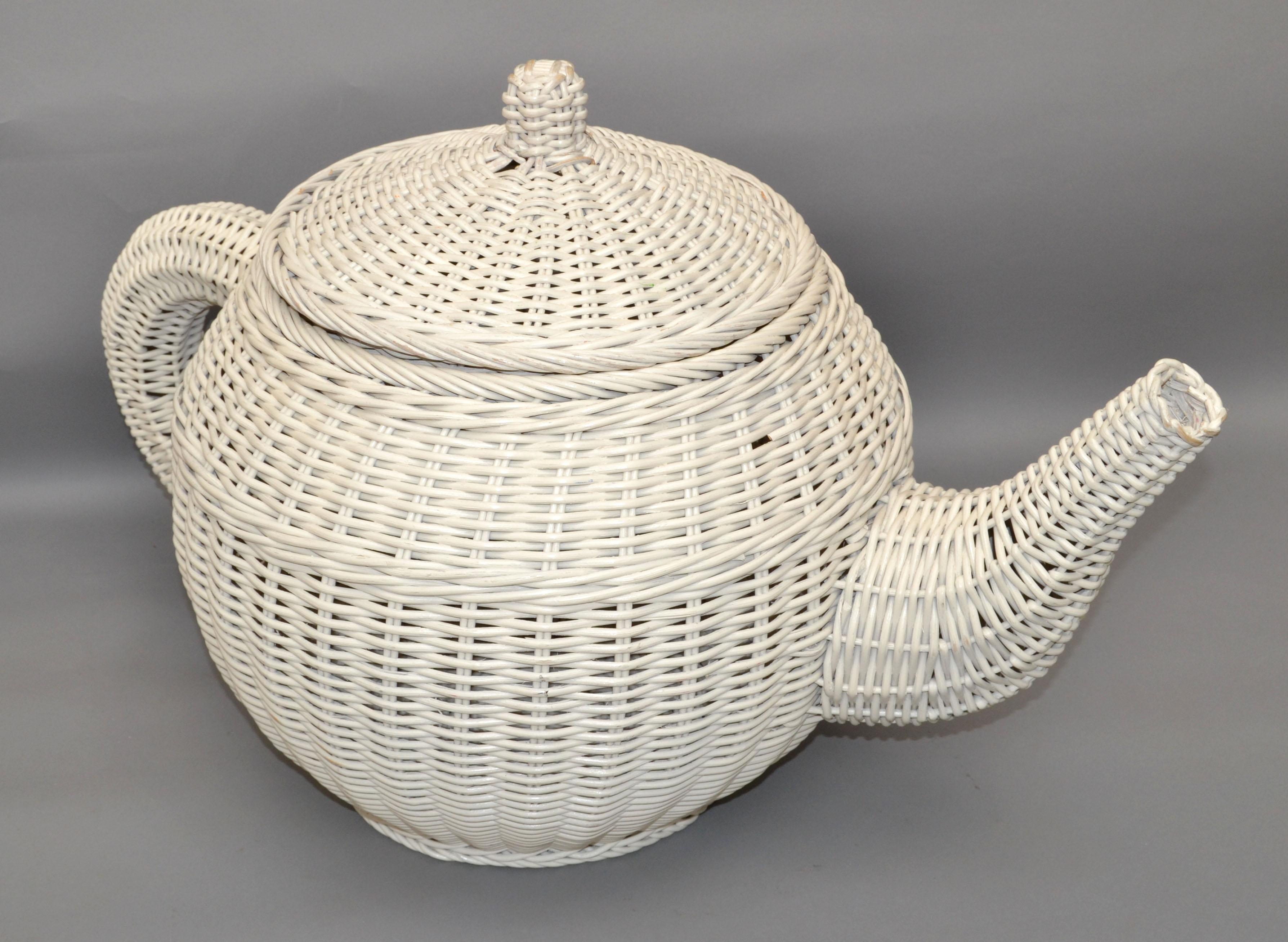 Painted Mid-Century Modern Sculptural Handmade White Finished Wicker & Rattan Coffee Pot For Sale