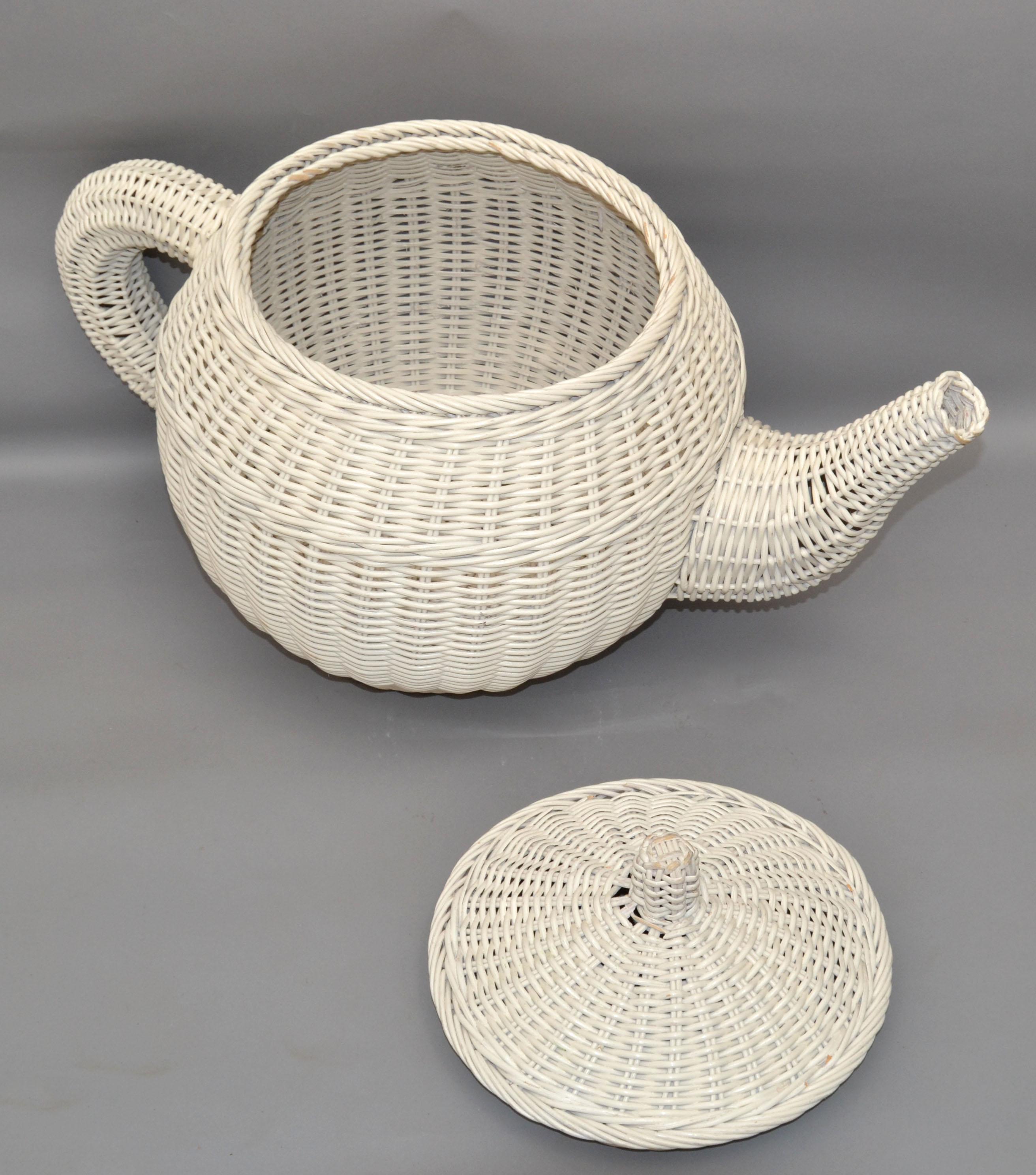 Late 20th Century Mid-Century Modern Sculptural Handmade White Finished Wicker & Rattan Coffee Pot For Sale
