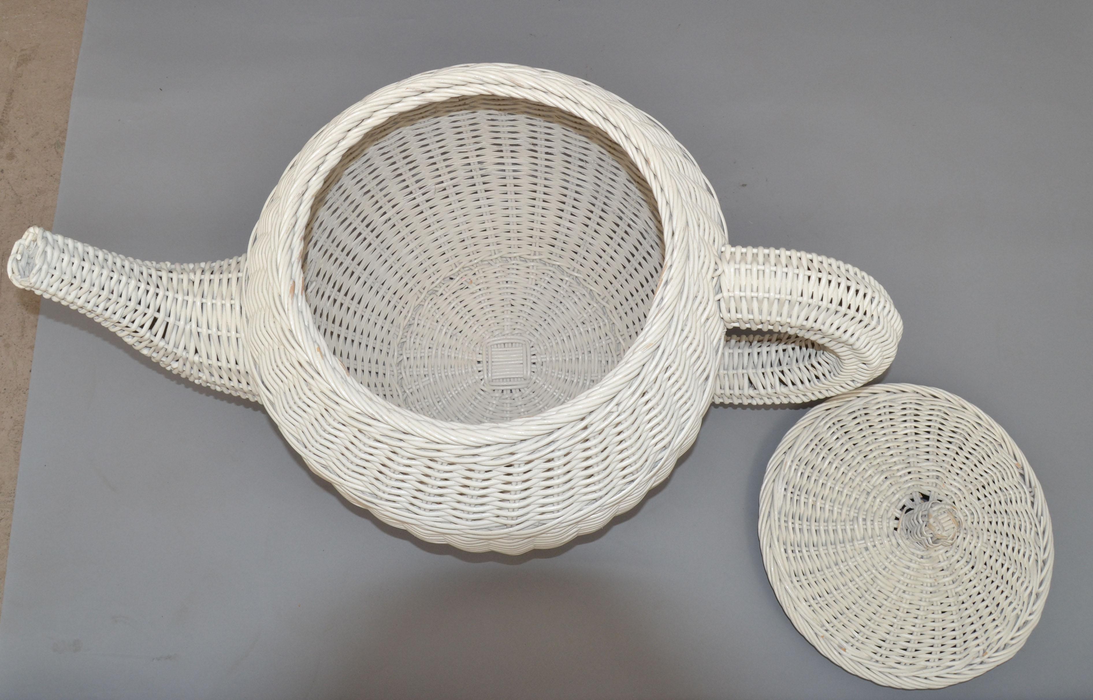 Mid-Century Modern Sculptural Handmade White Finished Wicker & Rattan Coffee Pot For Sale 1