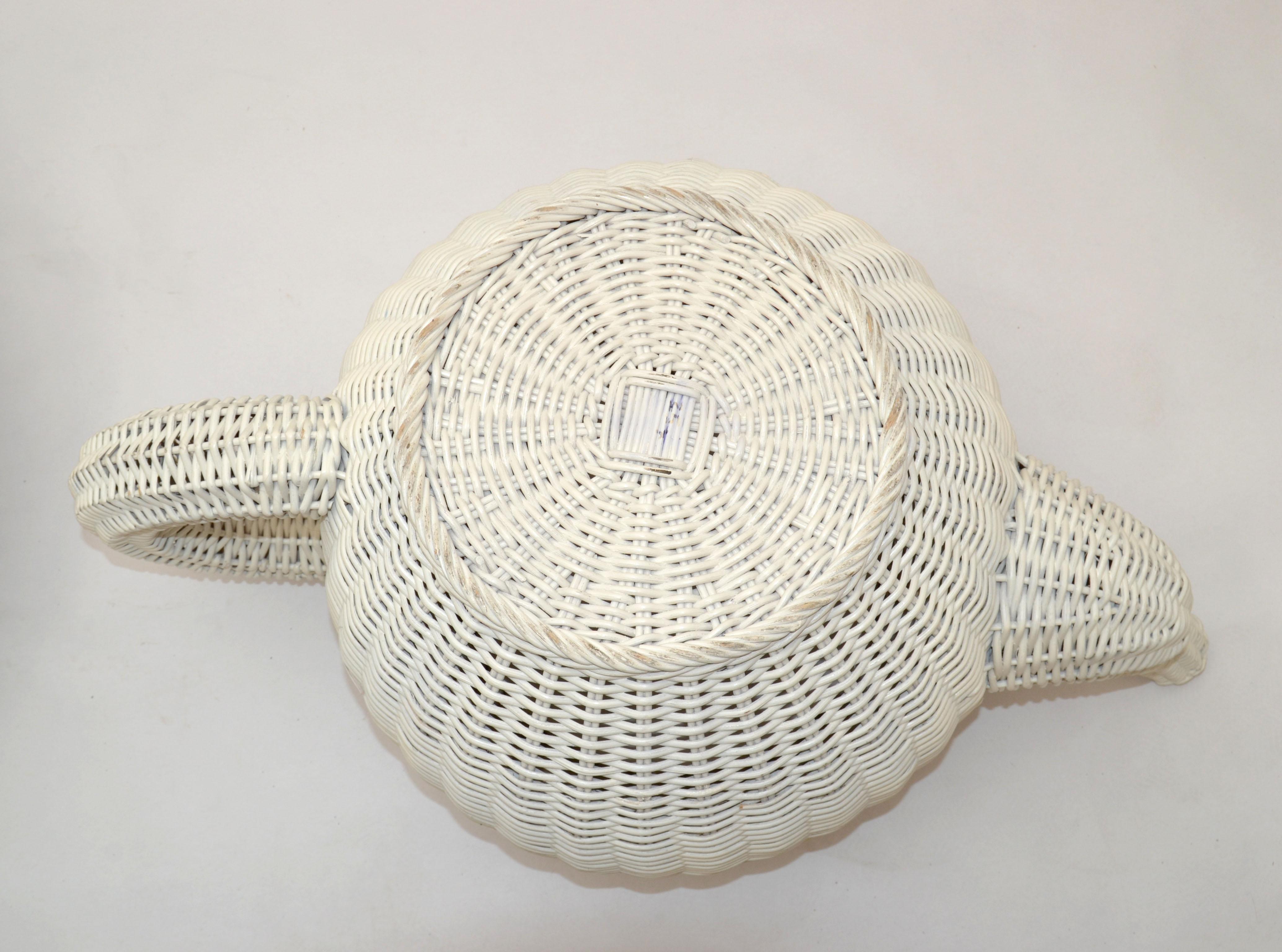 Mid-Century Modern Sculptural Handmade White Finished Wicker & Rattan Coffee Pot For Sale 2