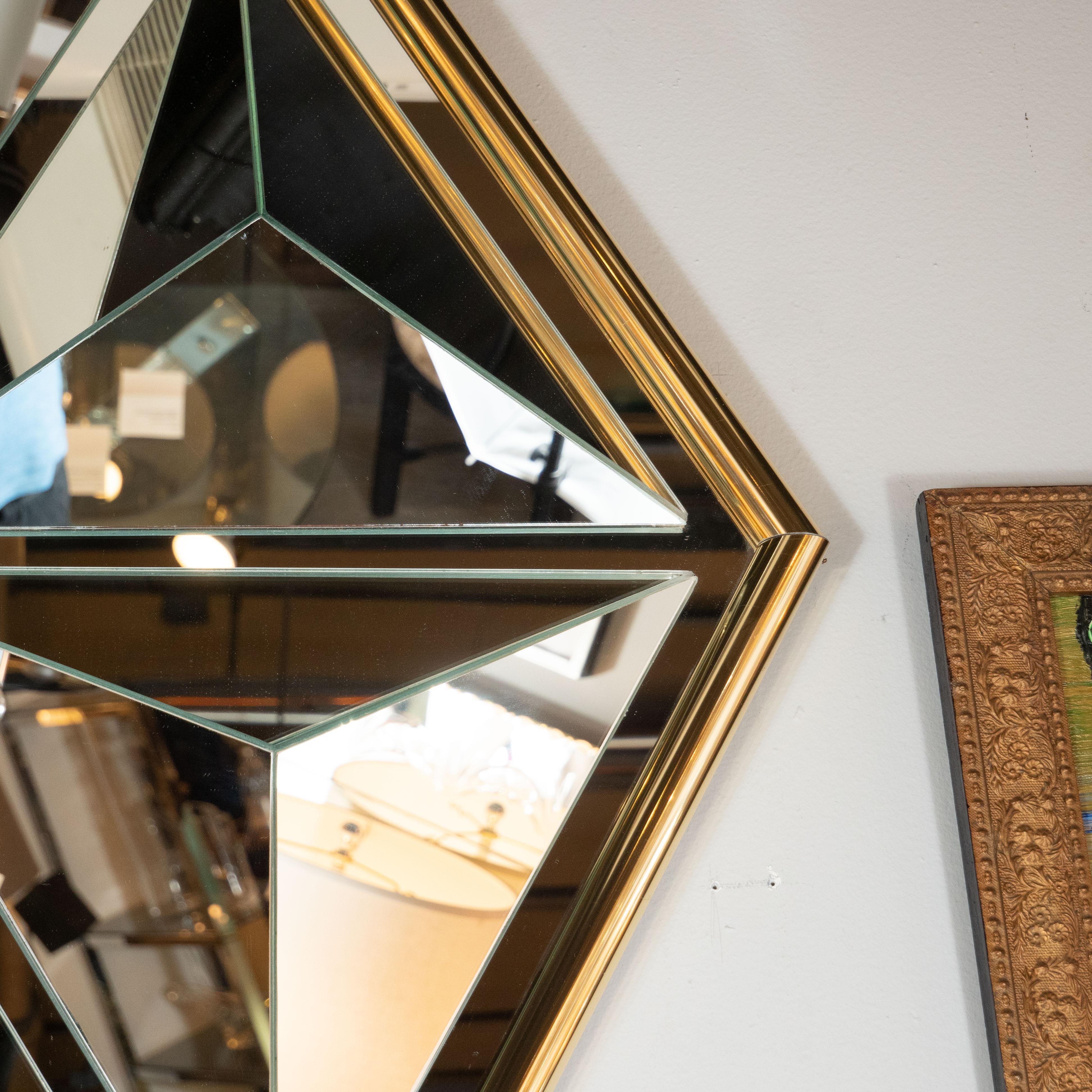 American Mid-Century Modern Sculptural Hexagonal Brass Mirror with Raised Pyramidal Forms