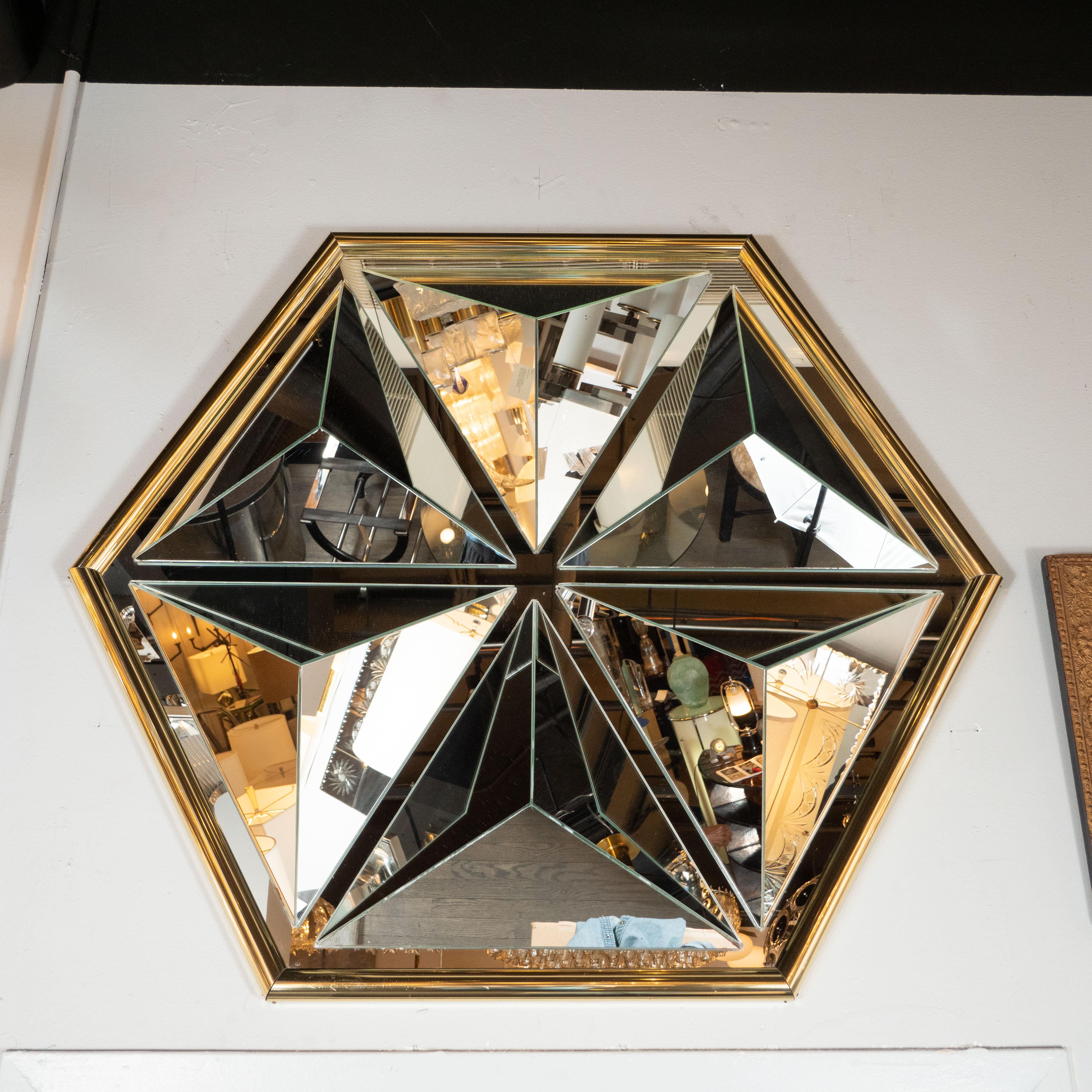 Mid-Century Modern Sculptural Hexagonal Brass Mirror with Raised Pyramidal Forms In Excellent Condition In New York, NY