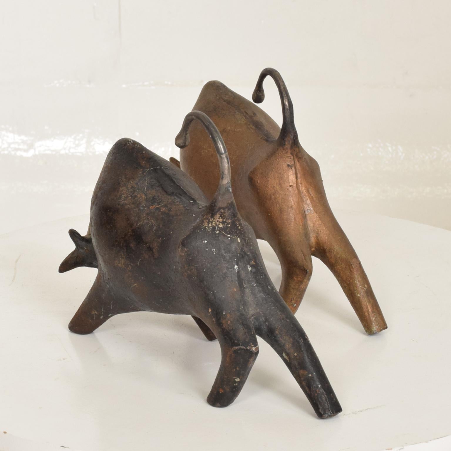 Patinated Mid-Century Modern Sculptural Iron Cast Bulls Bookends Japan