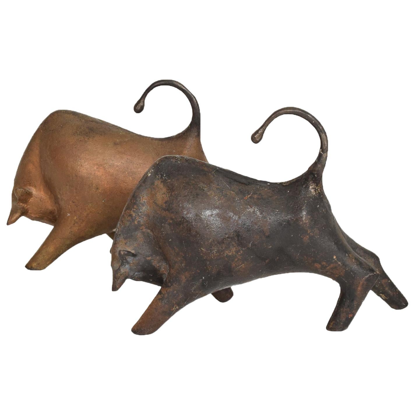 Mid-Century Modern Sculptural Iron Cast Bulls Bookends Japan