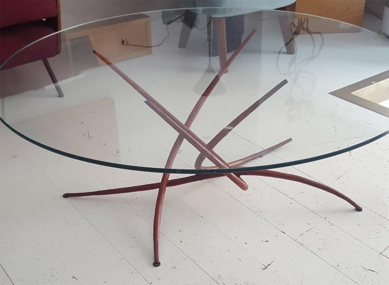 Italian Mid-Century Modern Sculptural Iron Coffee Table with Glass Top, Italy, 1950s For Sale