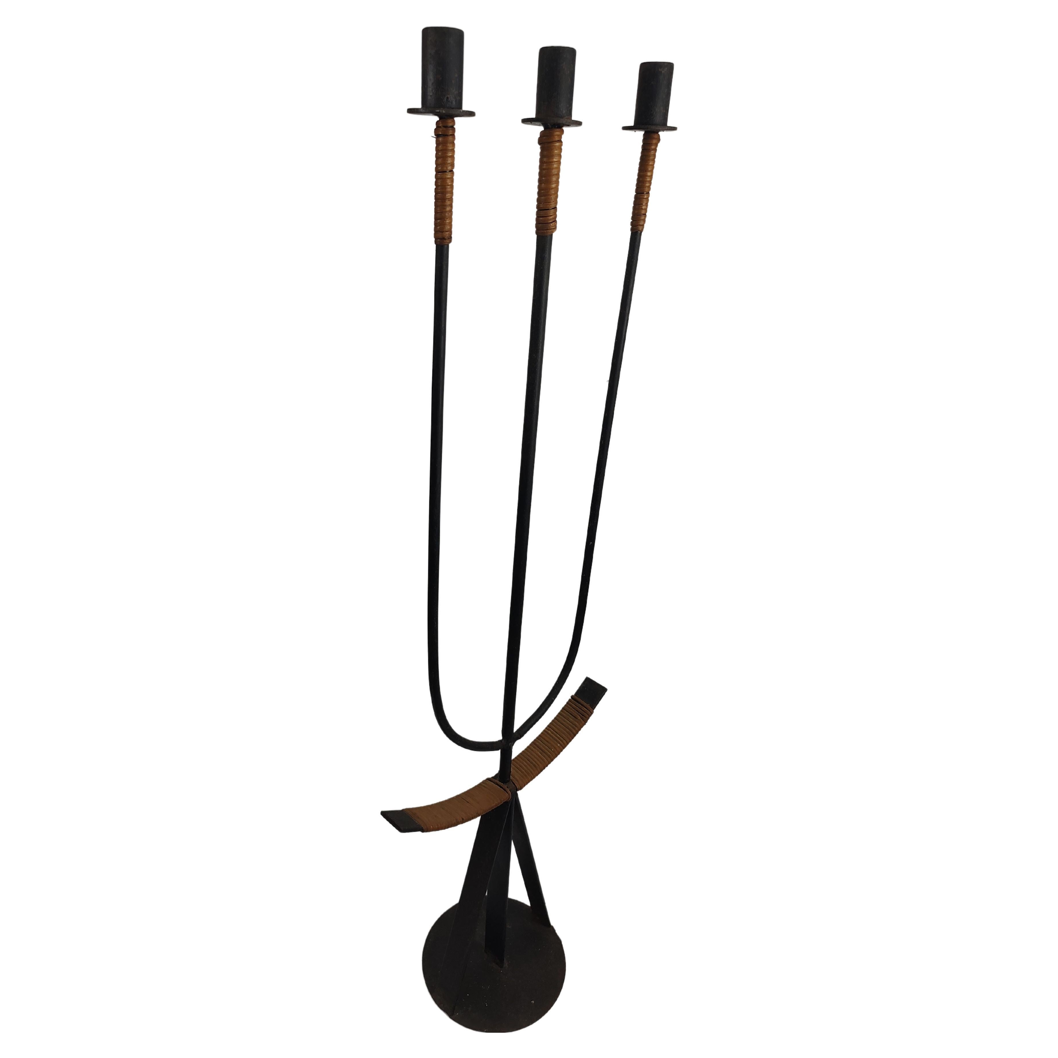 American Mid Century Modern Sculptural Iron with Cane Candelabra by Arthur Umanoff C1965 For Sale
