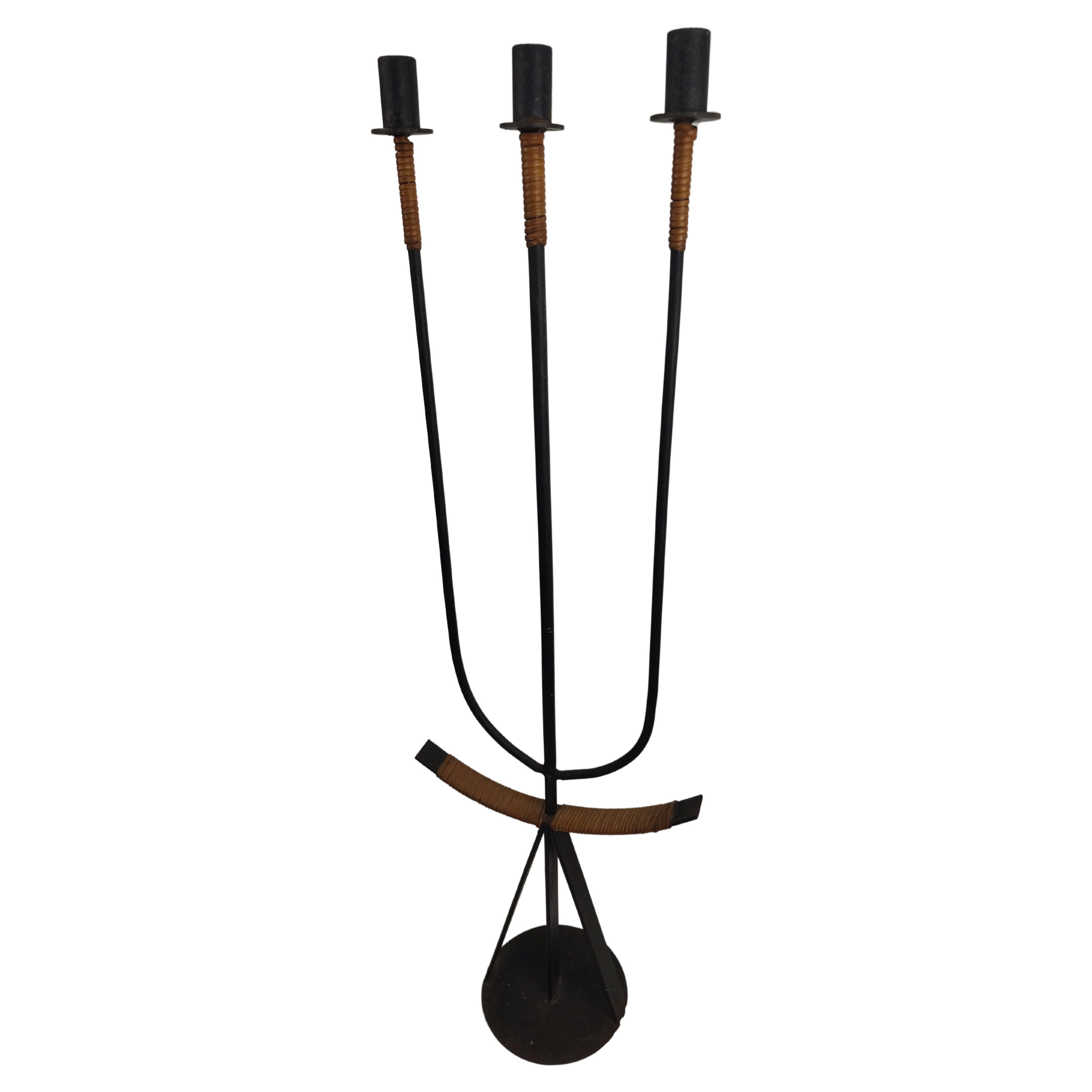 Mid Century Modern Sculptural Iron with Cane Candelabra by Arthur Umanoff C1965 In Good Condition For Sale In Port Jervis, NY