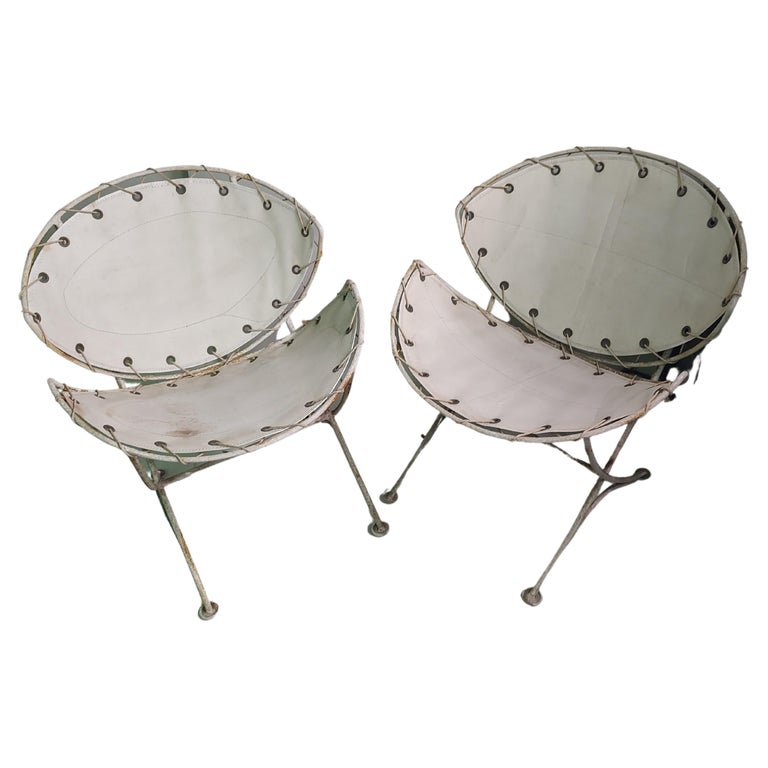 Mid Century Modern Sculptural Iron with Sailcloth Lounge Chairs by