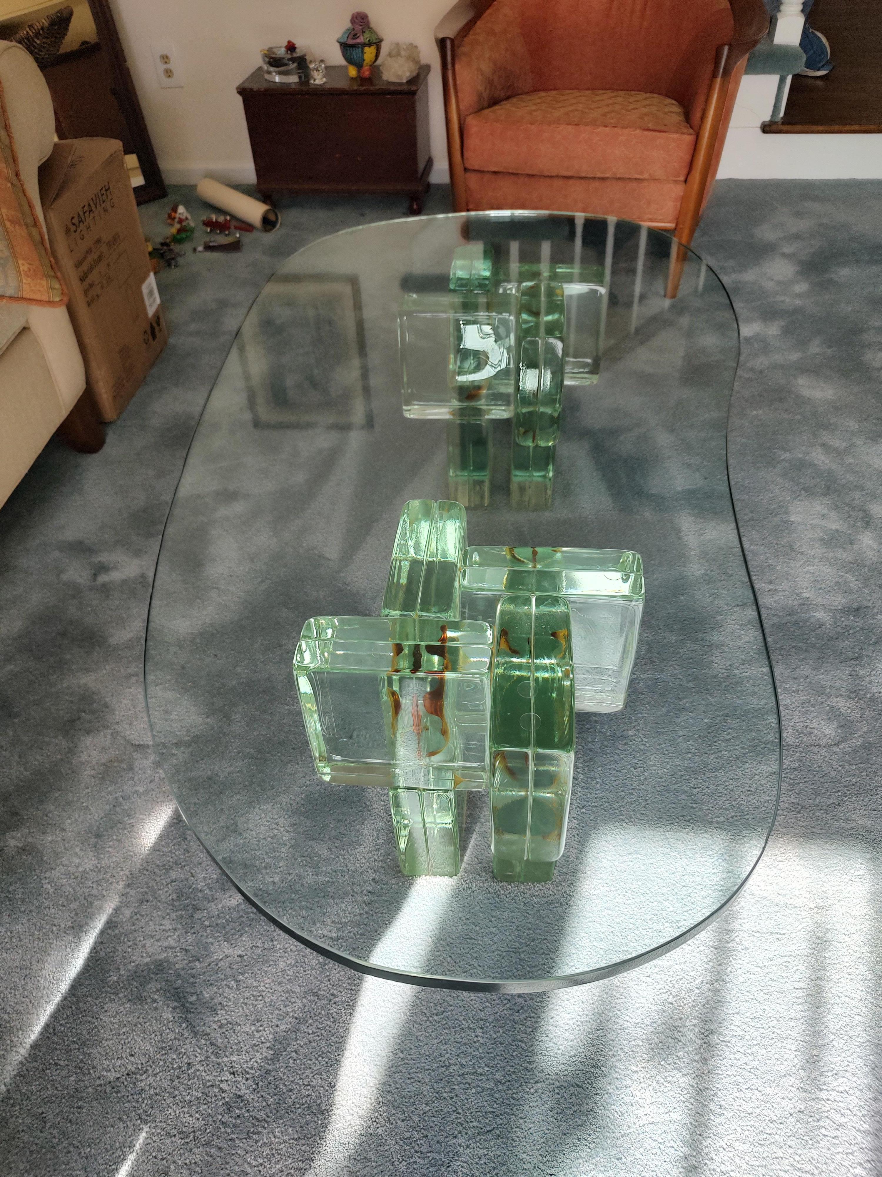 Cast Mid-Century Modern Sculptural Italian Glass Block Cocktail Table For Sale