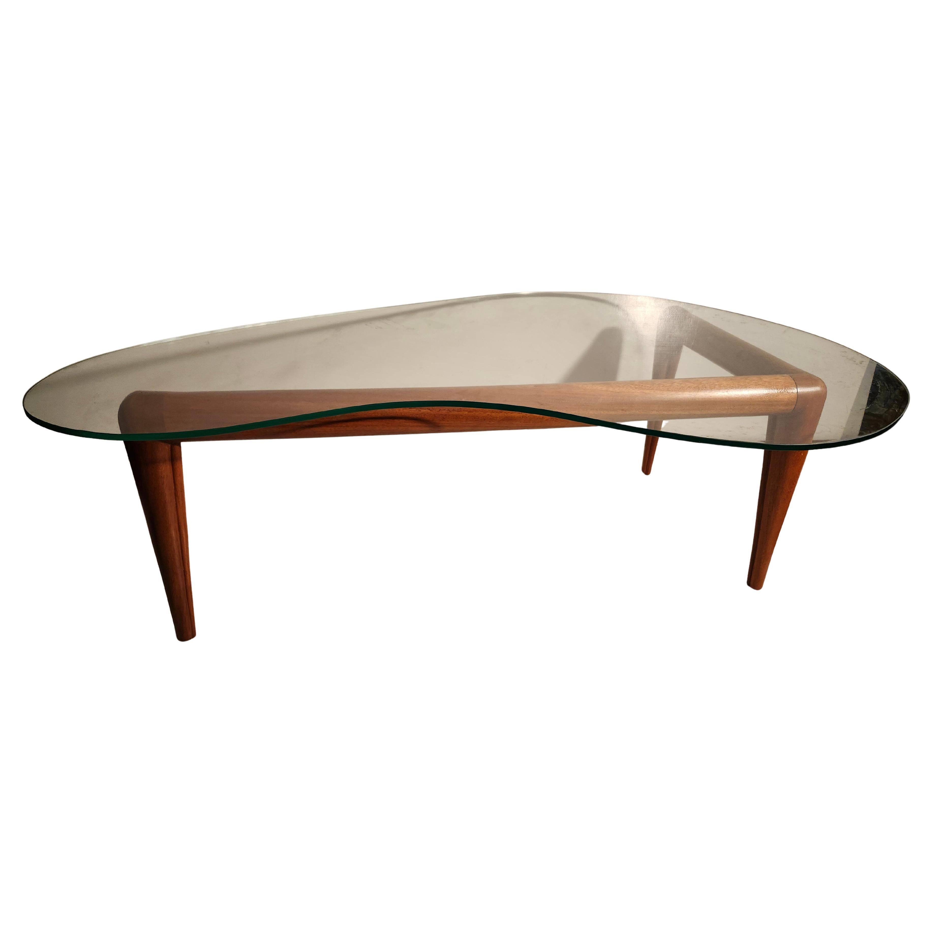 Mid-Century Modern Sculptural Kidney Shaped Glass with Minimalist Walnut Base For Sale
