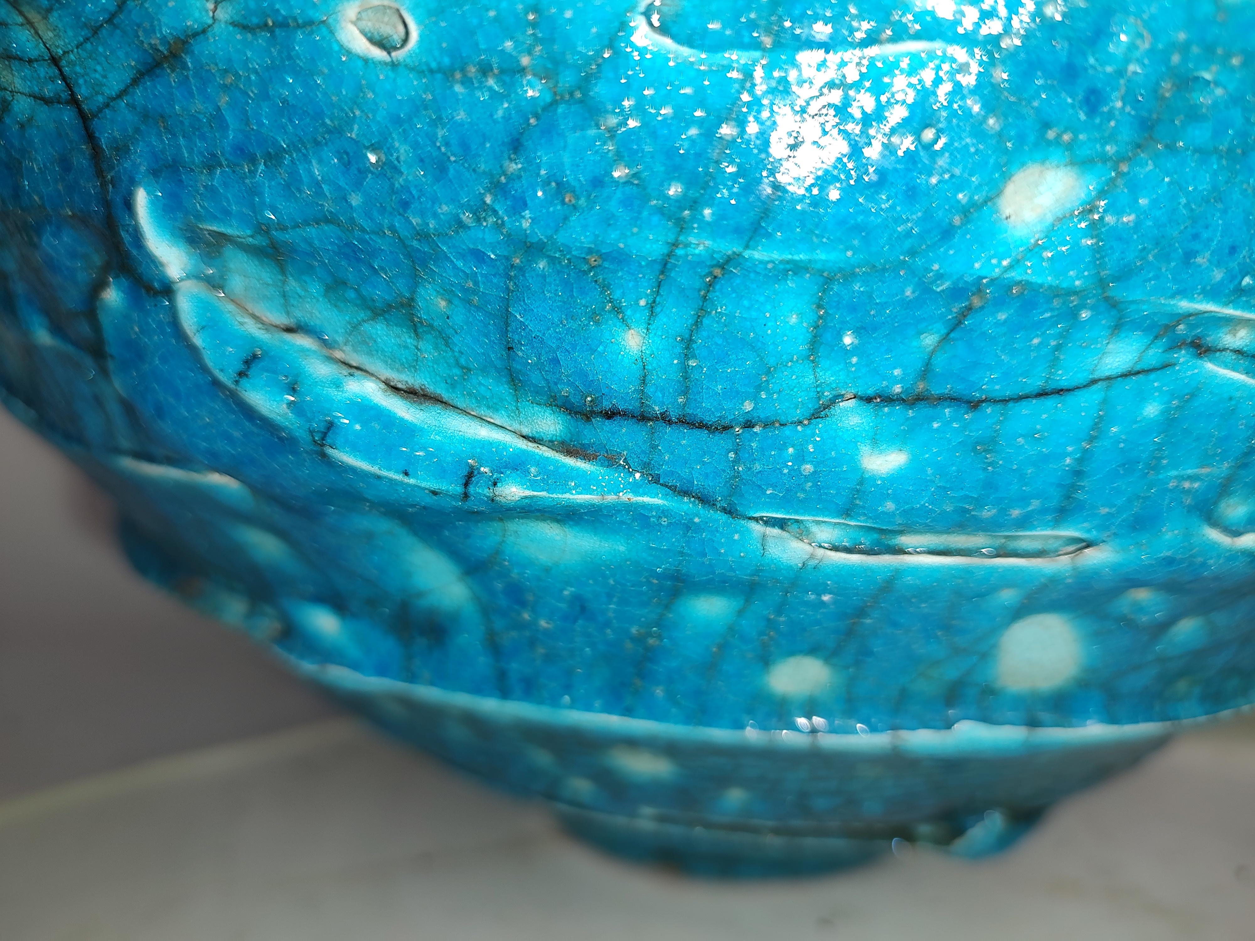 Hand-Crafted Mid-Century Modern Sculptural Large Art Pottery Bowl in Turquoise Blue For Sale