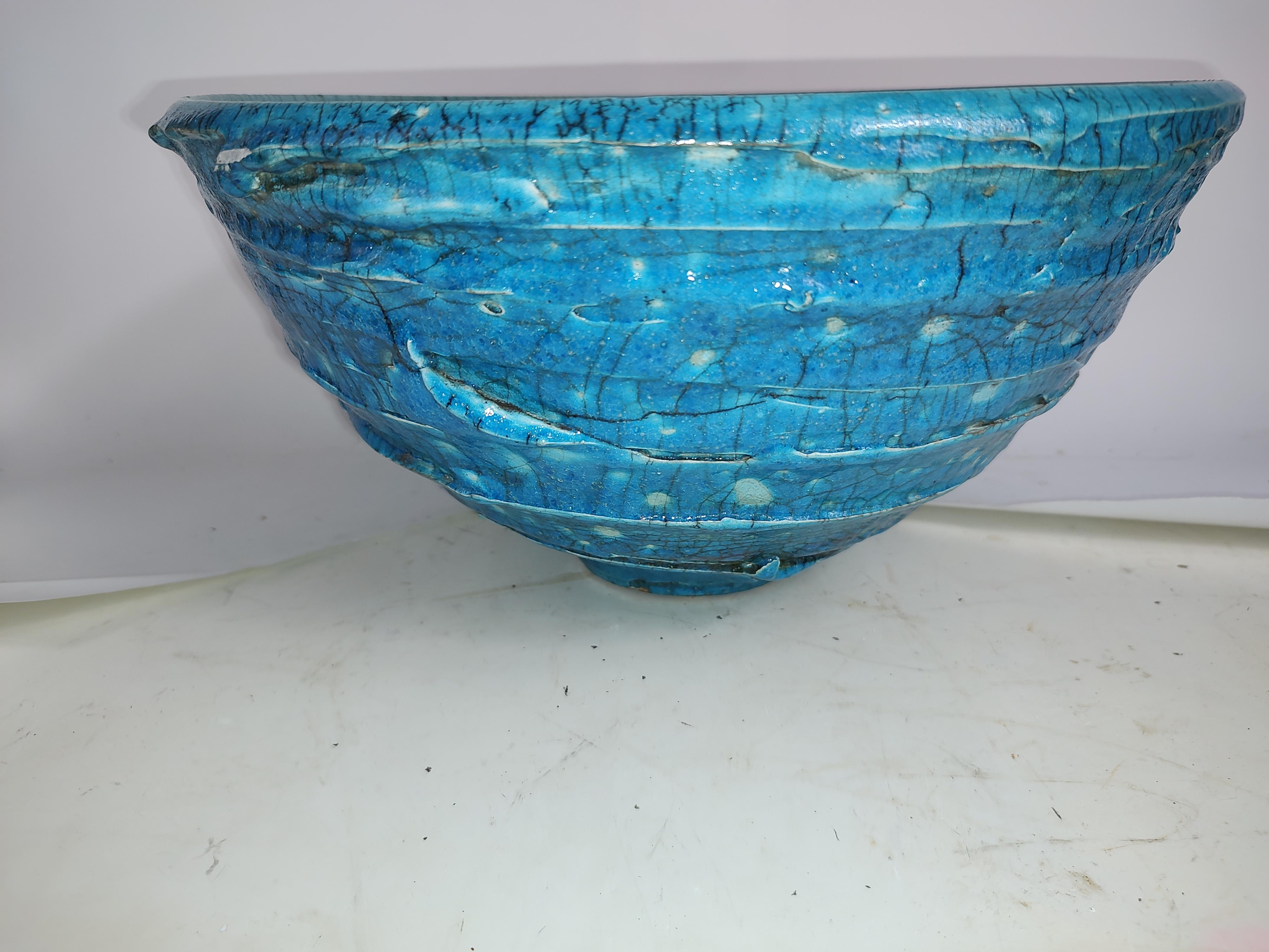 Hand-Crafted Mid-Century Modern Sculptural Large Art Pottery Bowl in Turquoise Blue For Sale