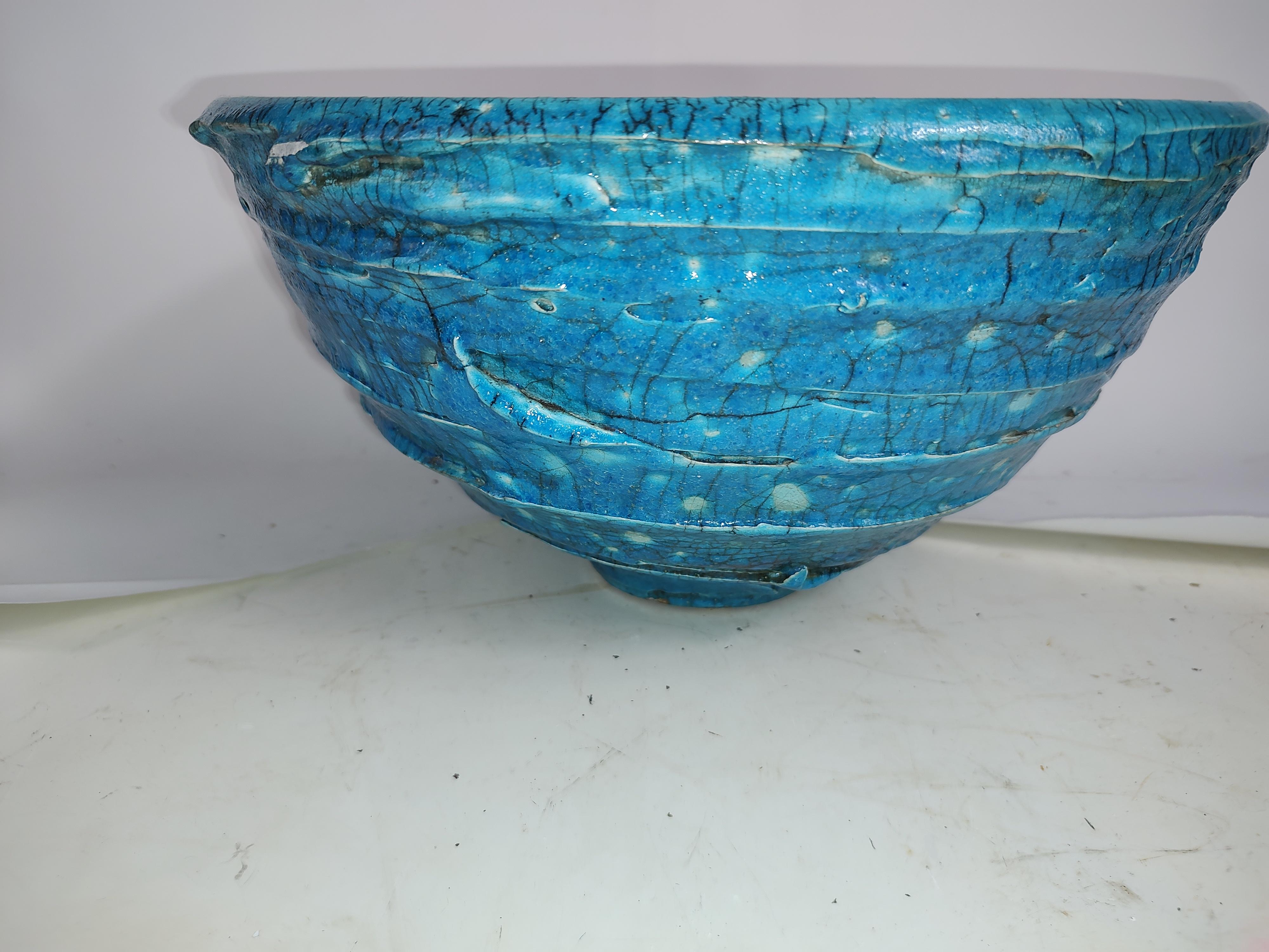 Mid-20th Century Mid-Century Modern Sculptural Large Art Pottery Bowl in Turquoise Blue For Sale