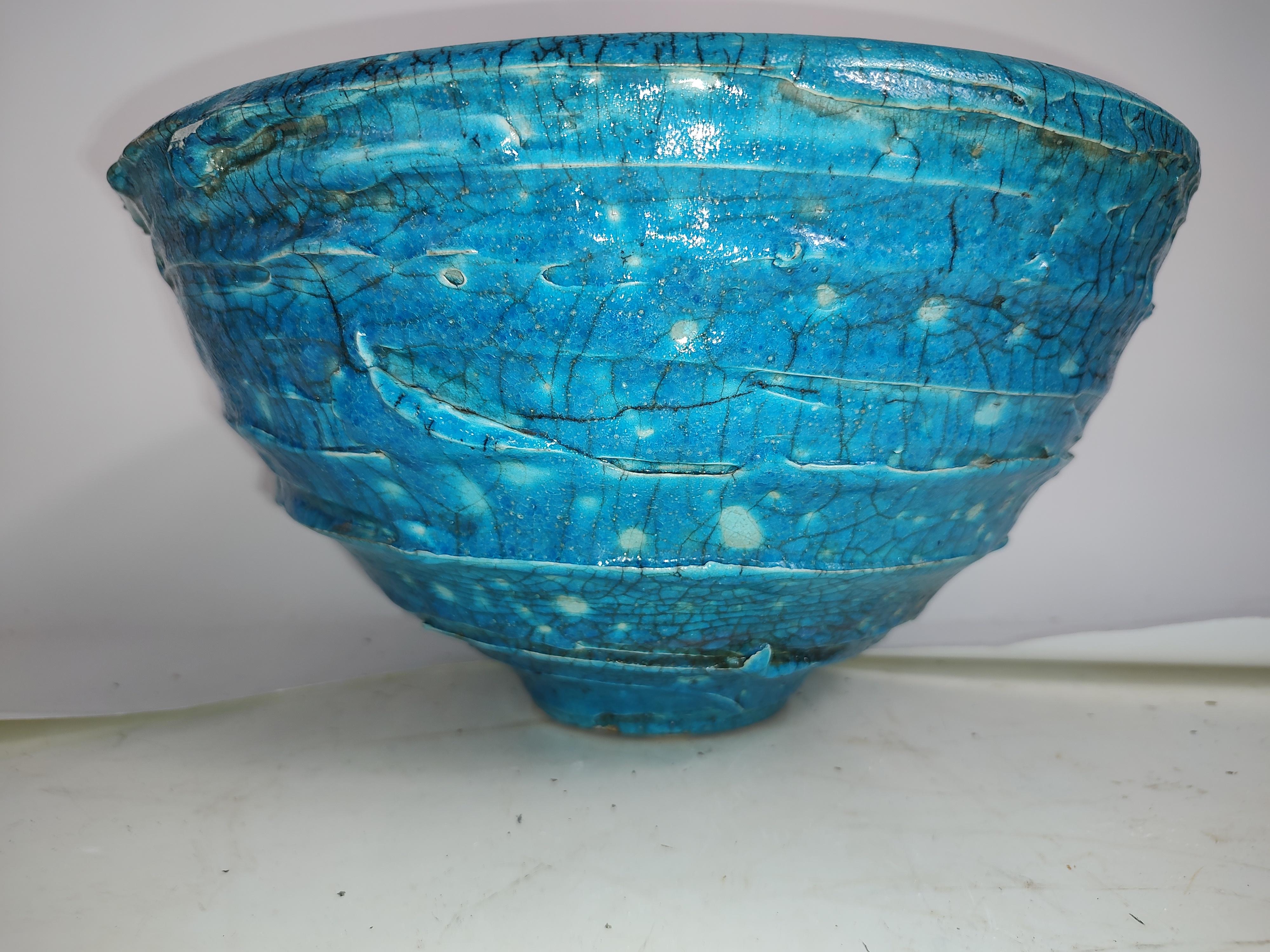 Mid-Century Modern Sculptural Large Art Pottery Bowl in Turquoise Blue For Sale 1