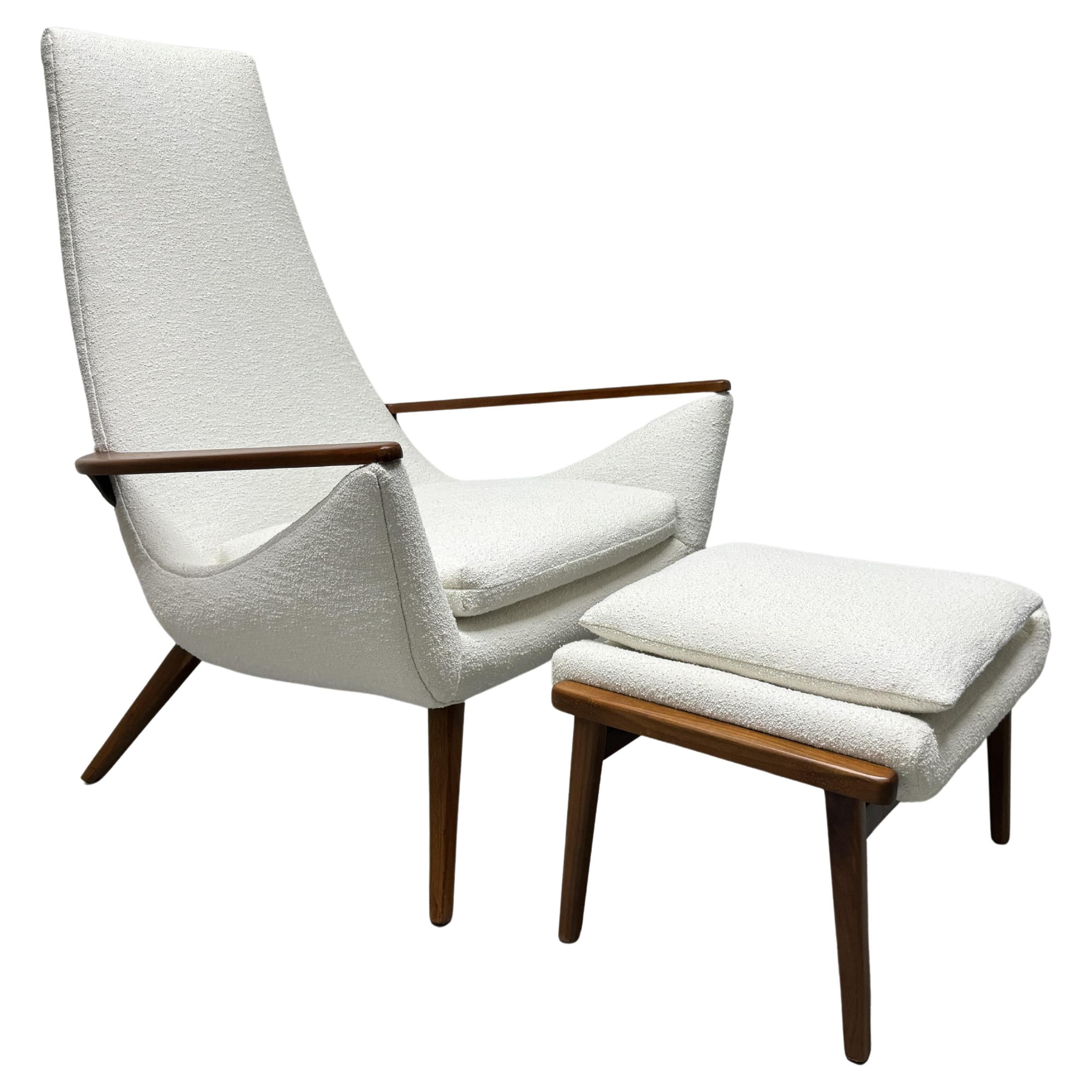Mid Century Modern Sculptural Lounge Chair and Ottoman in Boucle
