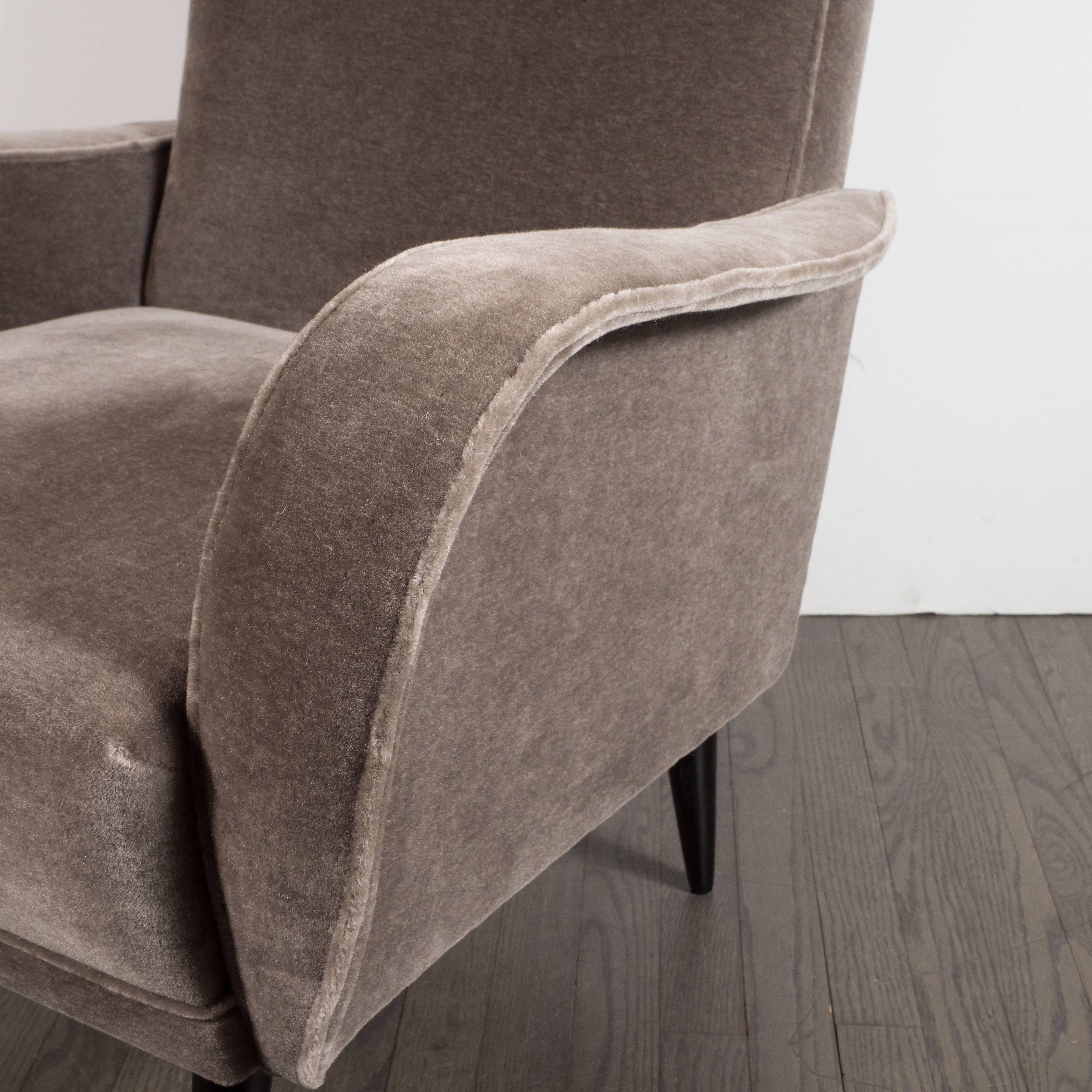 Italian Mid-Century Modern Sculptural Lounge Chairs in Smoked Platinum Mohair 