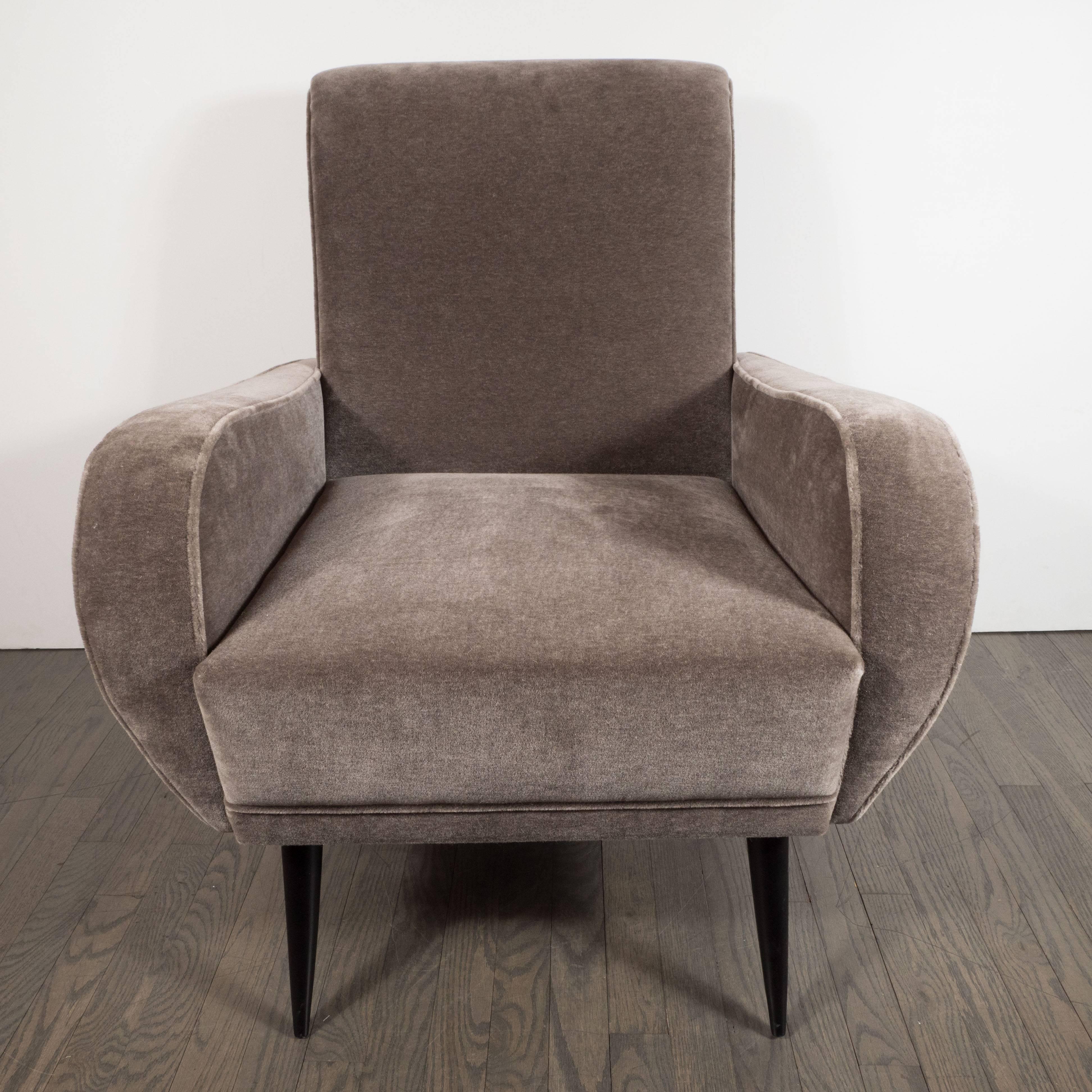 Ebonized Mid-Century Modern Sculptural Lounge Chairs in Smoked Platinum Mohair 