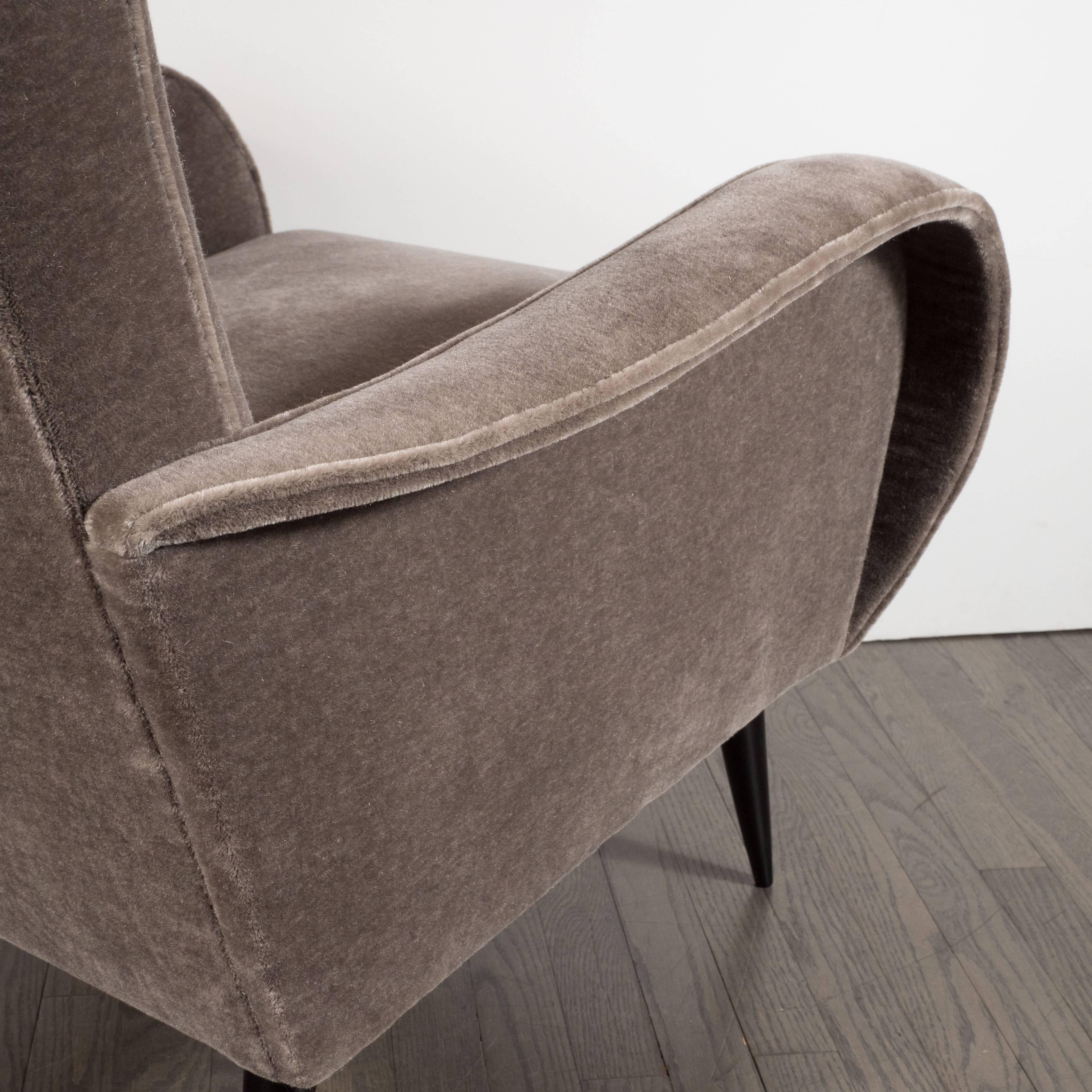 Walnut Mid-Century Modern Sculptural Lounge Chairs in Smoked Platinum Mohair 