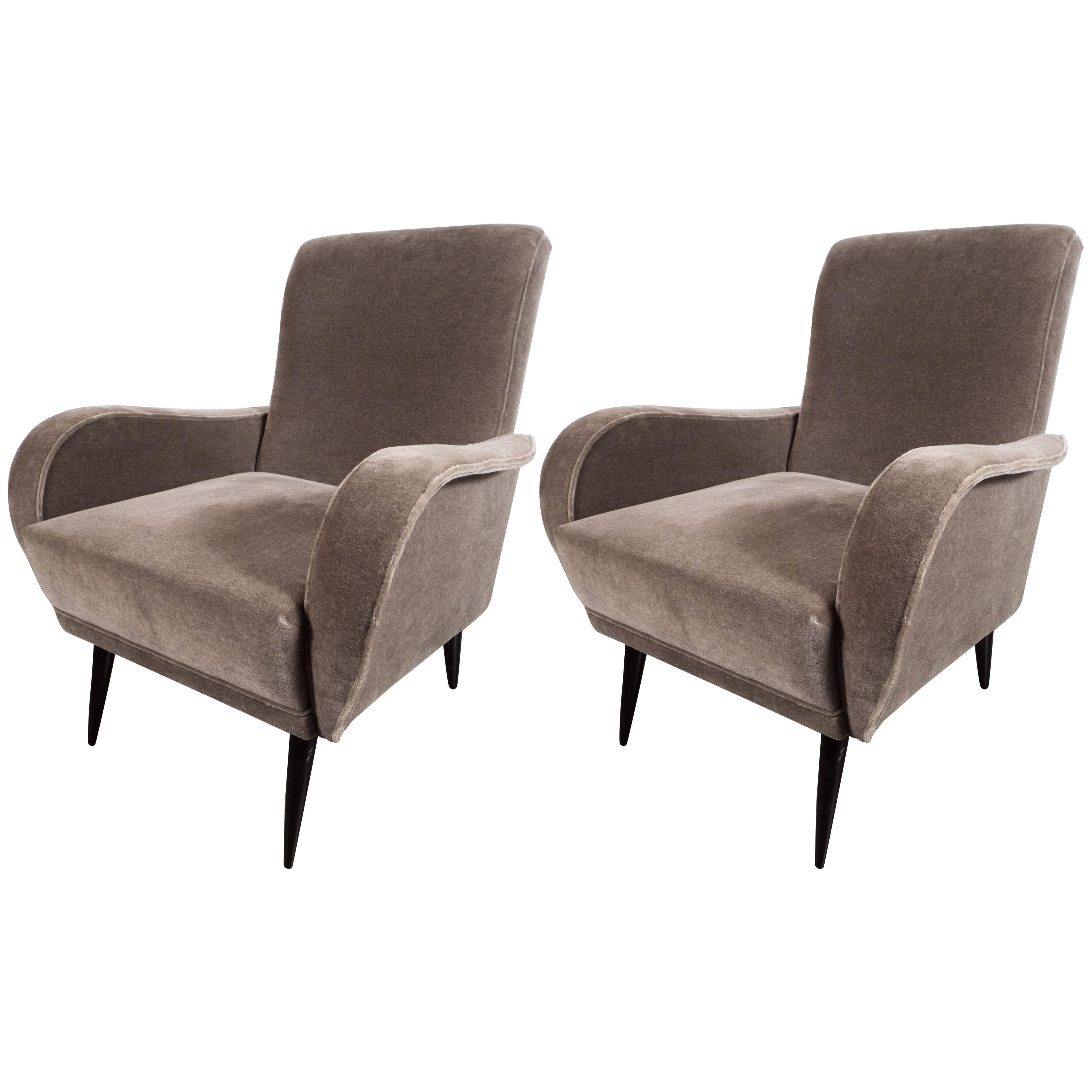 Mid-Century Modern Sculptural Lounge Chairs in Smoked Platinum Mohair 