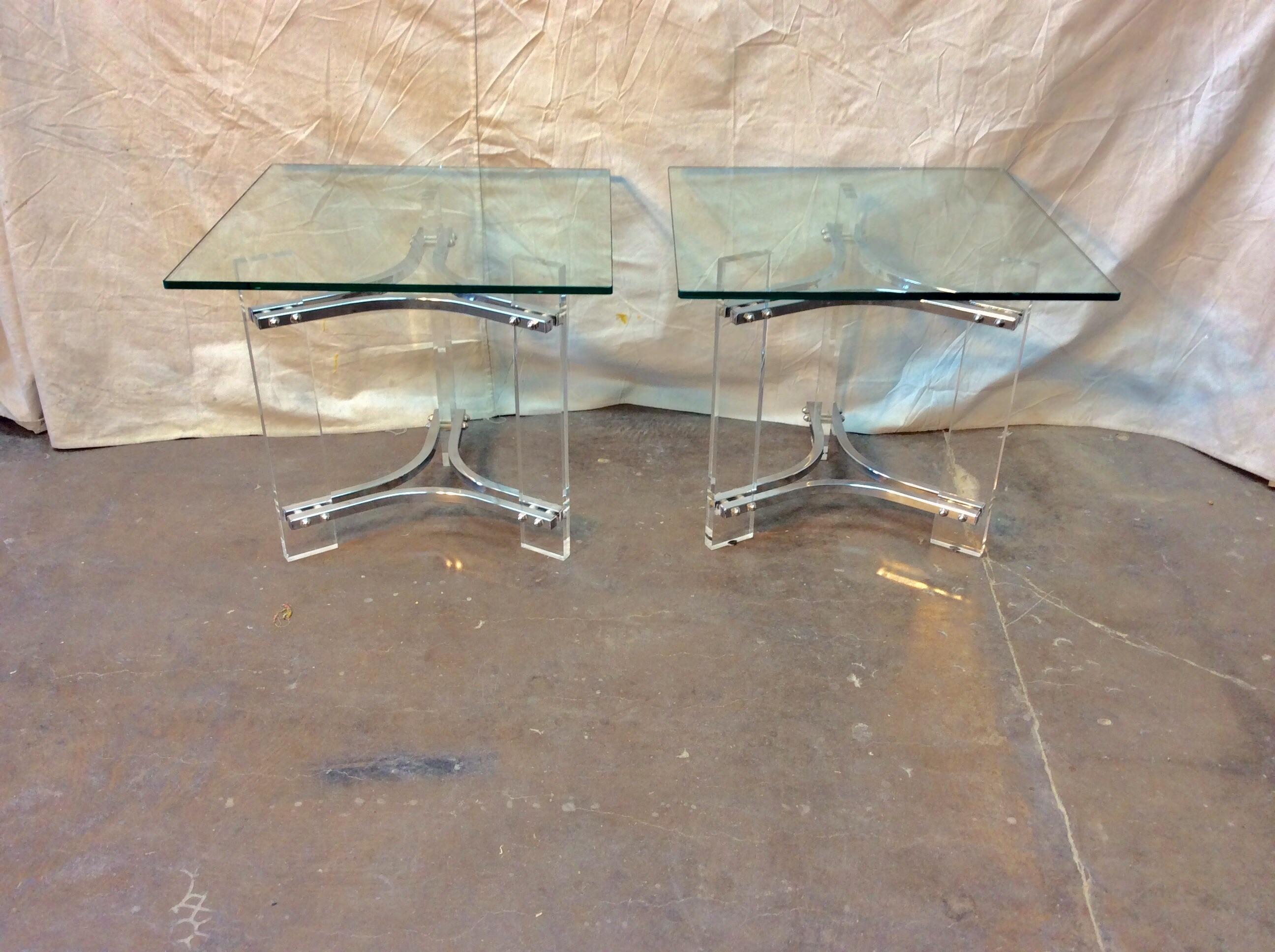  Mid-Century Modern Sculptural Lucite Chrome and Glass Side Tables - a Pair For Sale 8