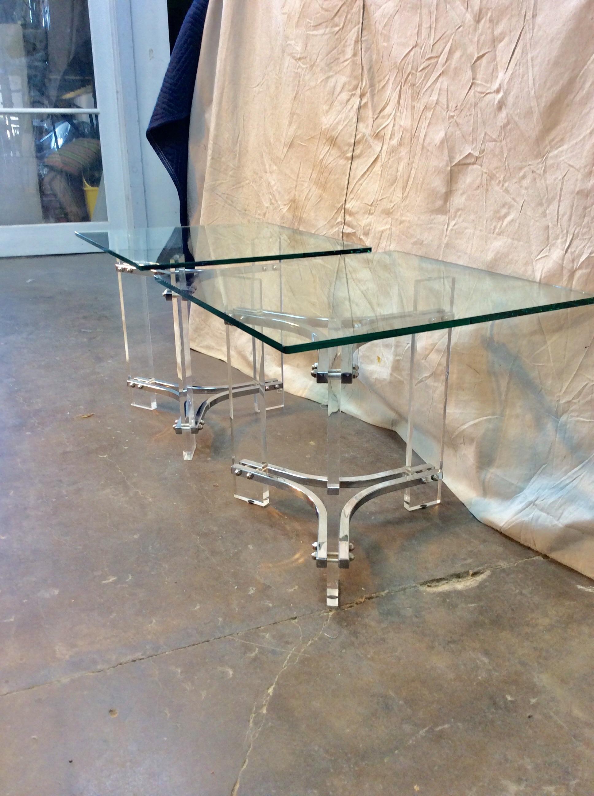 American  Mid-Century Modern Sculptural Lucite Chrome and Glass Side Tables - a Pair For Sale