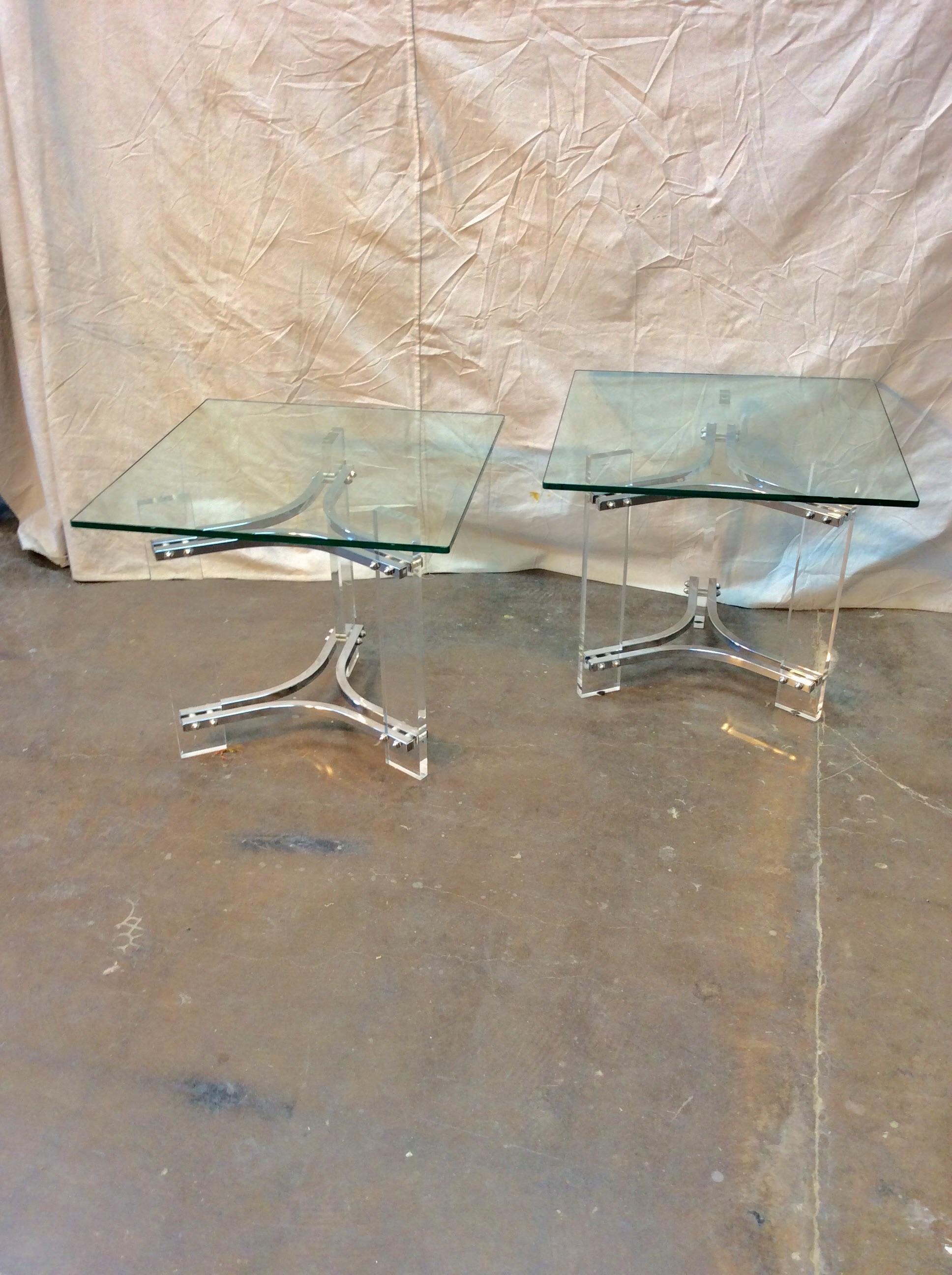  Mid-Century Modern Sculptural Lucite Chrome and Glass Side Tables - a Pair In Good Condition For Sale In Burton, TX
