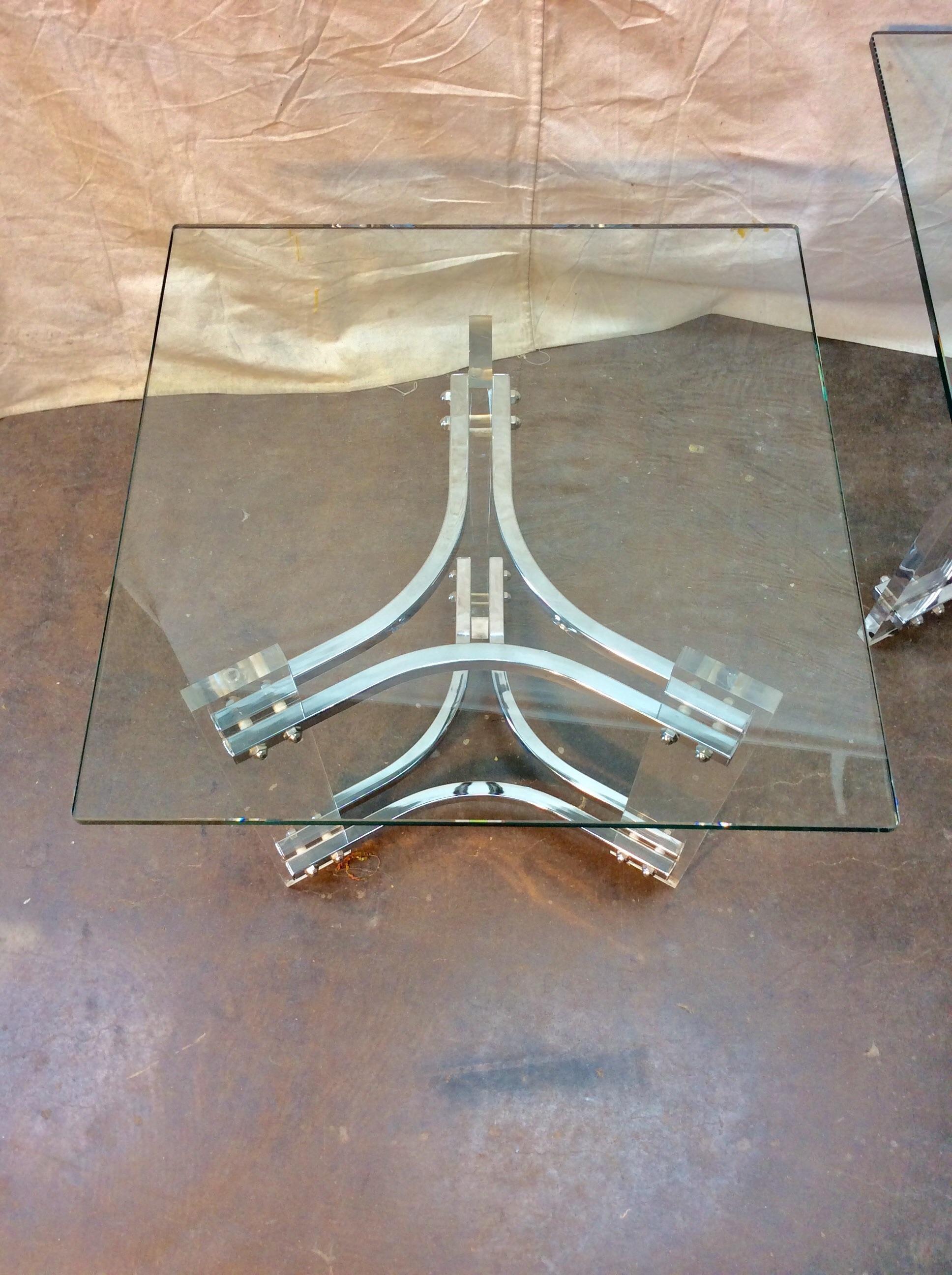  Mid-Century Modern Sculptural Lucite Chrome and Glass Side Tables - a Pair For Sale 4