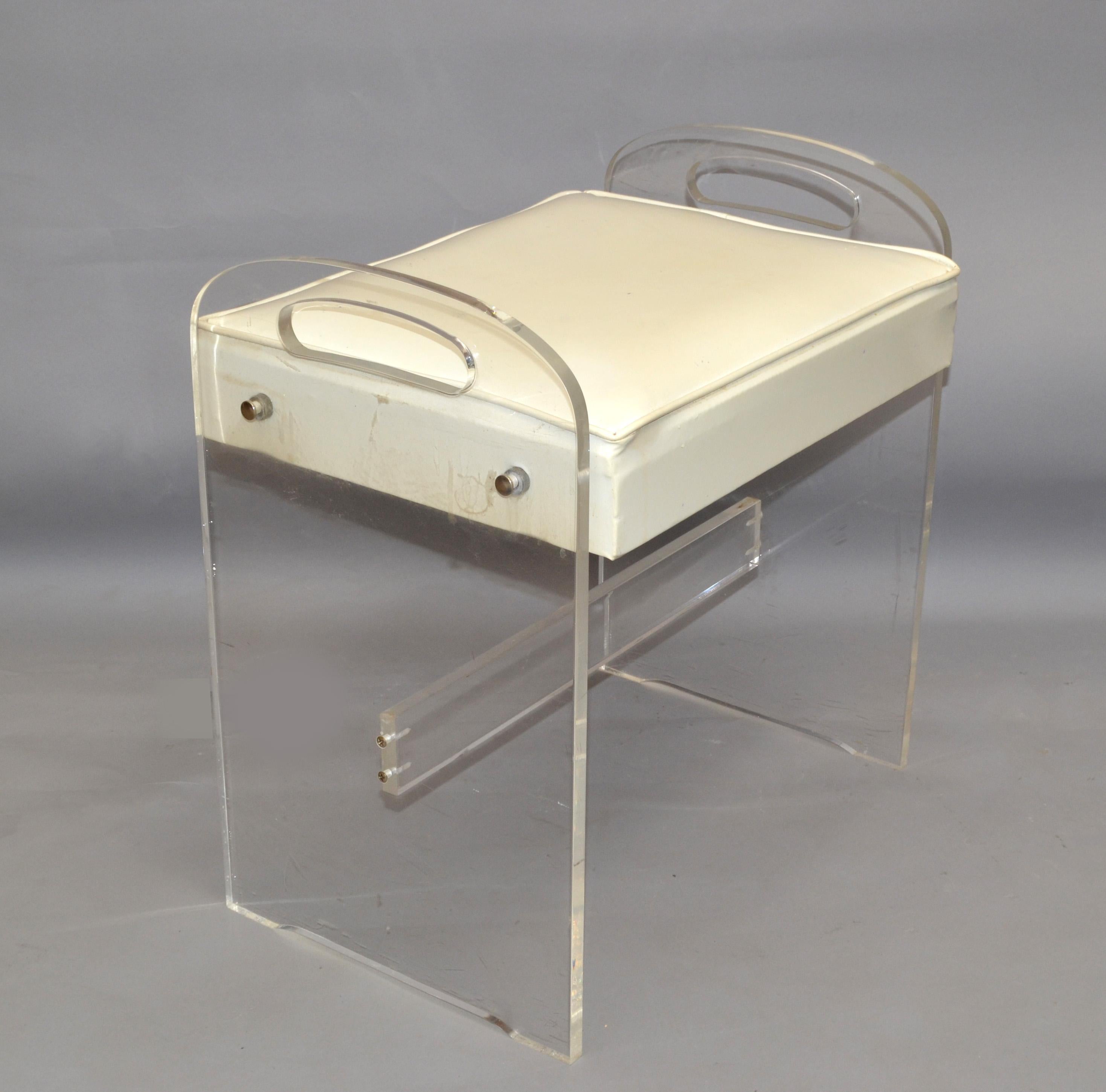 American Mid-Century Modern Sculptural Lucite Stool, Footstool, Vanity Stool Vinyl Seat For Sale