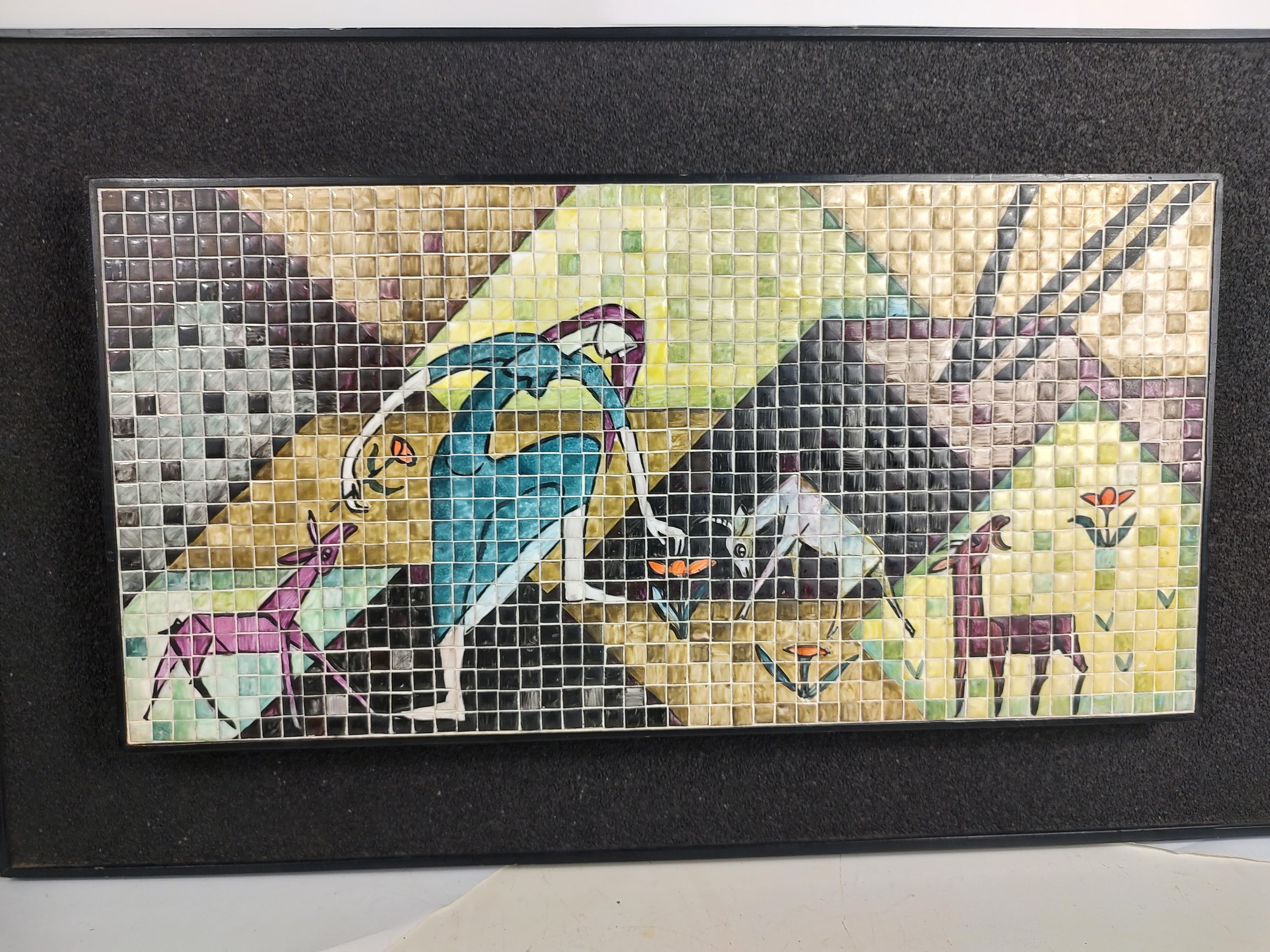 Mid-Century Modern Sculptural Framed Mosaic Tile Art of Woman with Goats For Sale 5