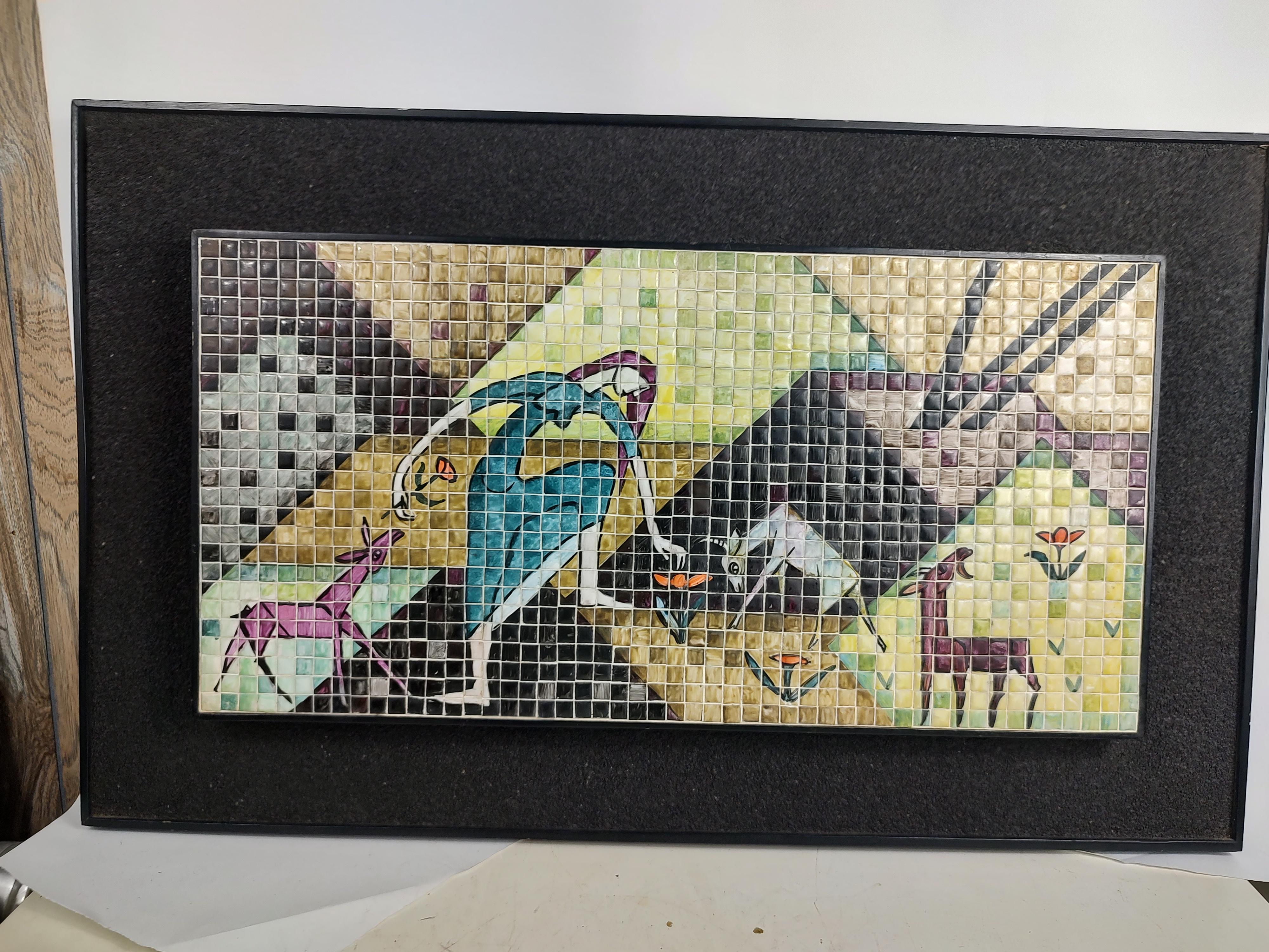 Mid-Century Modern Sculptural Framed Mosaic Tile Art of Woman with Goats In Good Condition For Sale In Port Jervis, NY