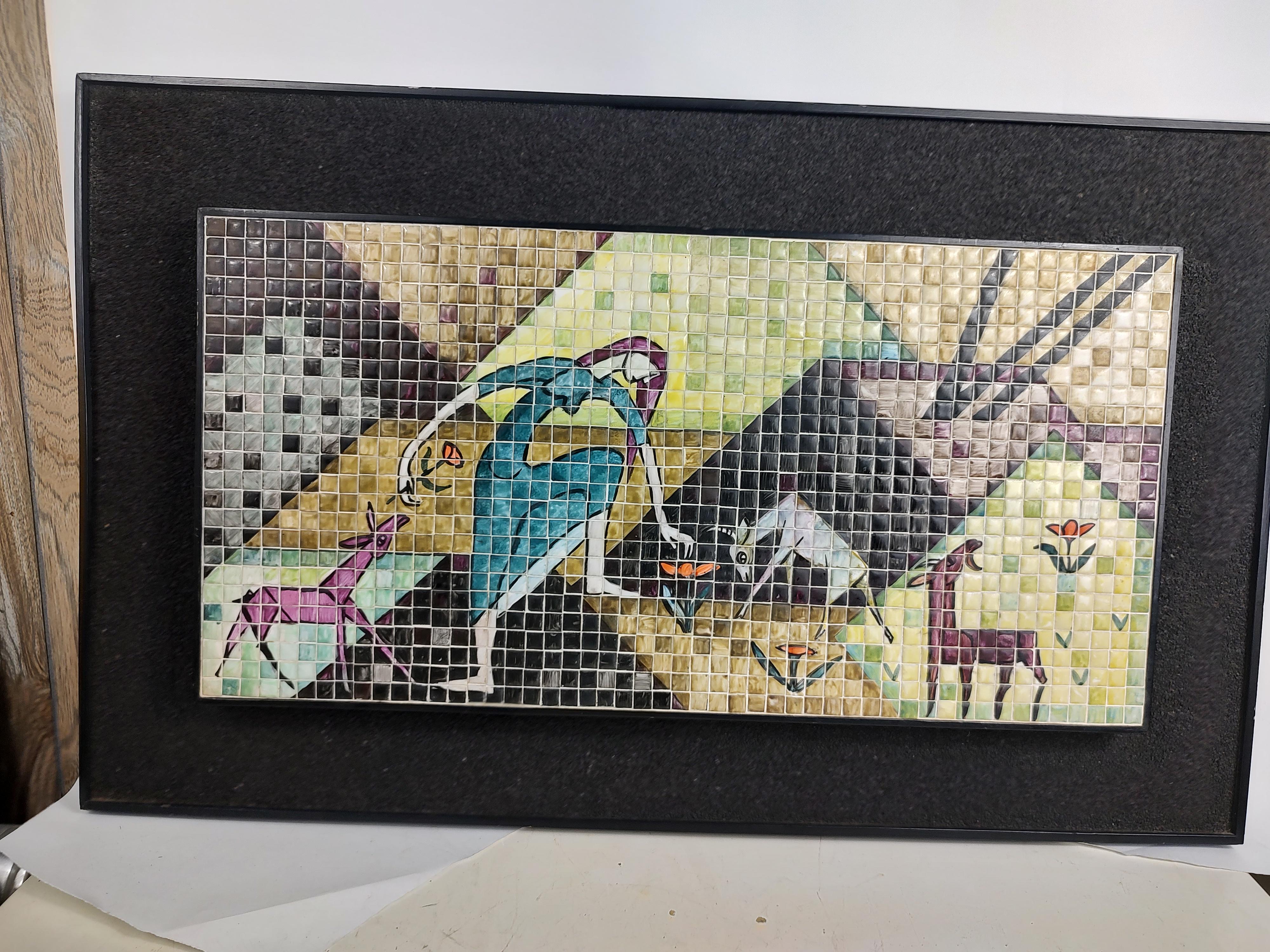Mid-20th Century Mid-Century Modern Sculptural Framed Mosaic Tile Art of Woman with Goats For Sale
