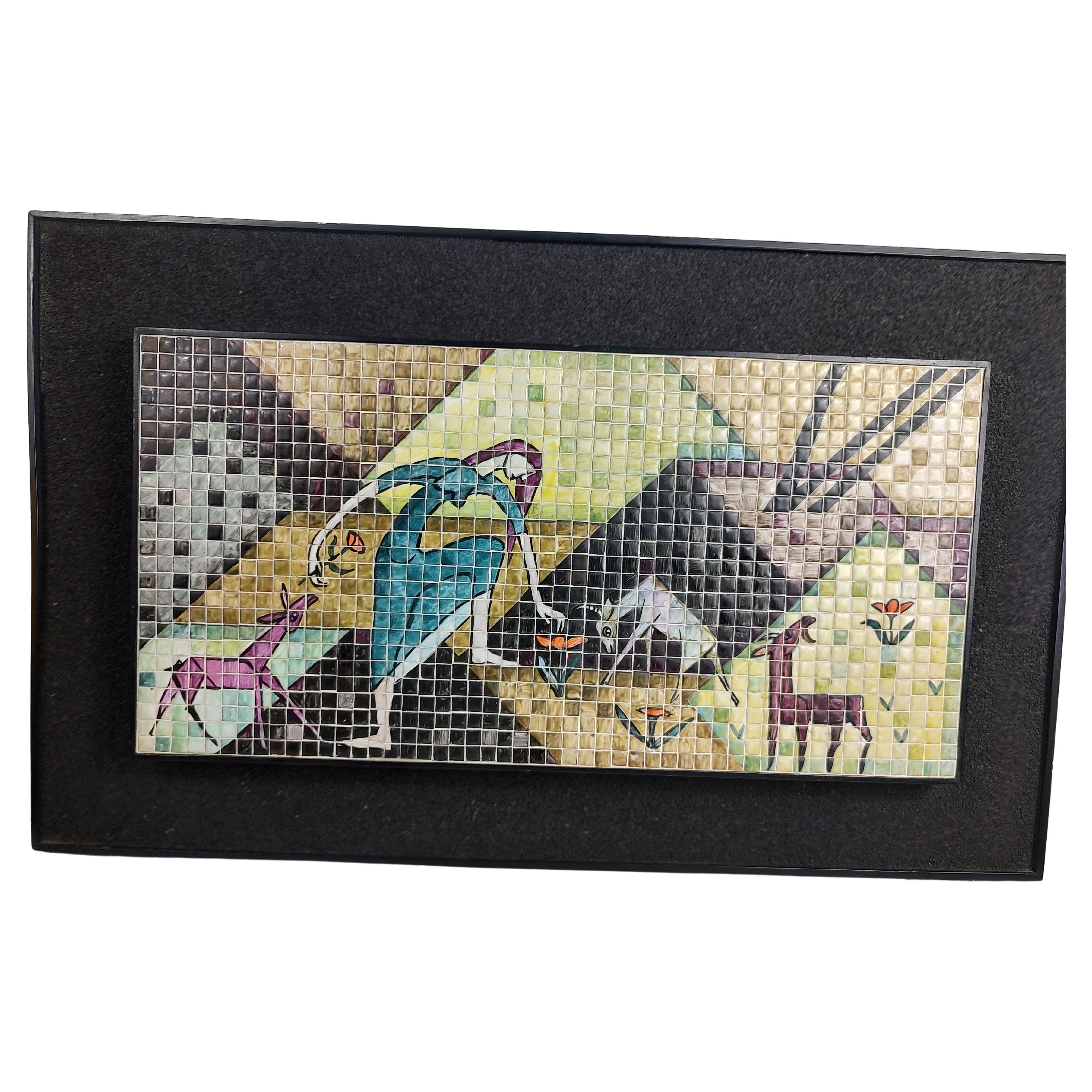 Mid-Century Modern Sculptural Framed Mosaic Tile Art of Woman with Goats For Sale
