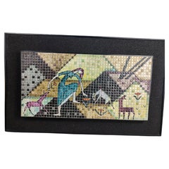 Vintage Mid-Century Modern Sculptural Framed Mosaic of Woman with Goats