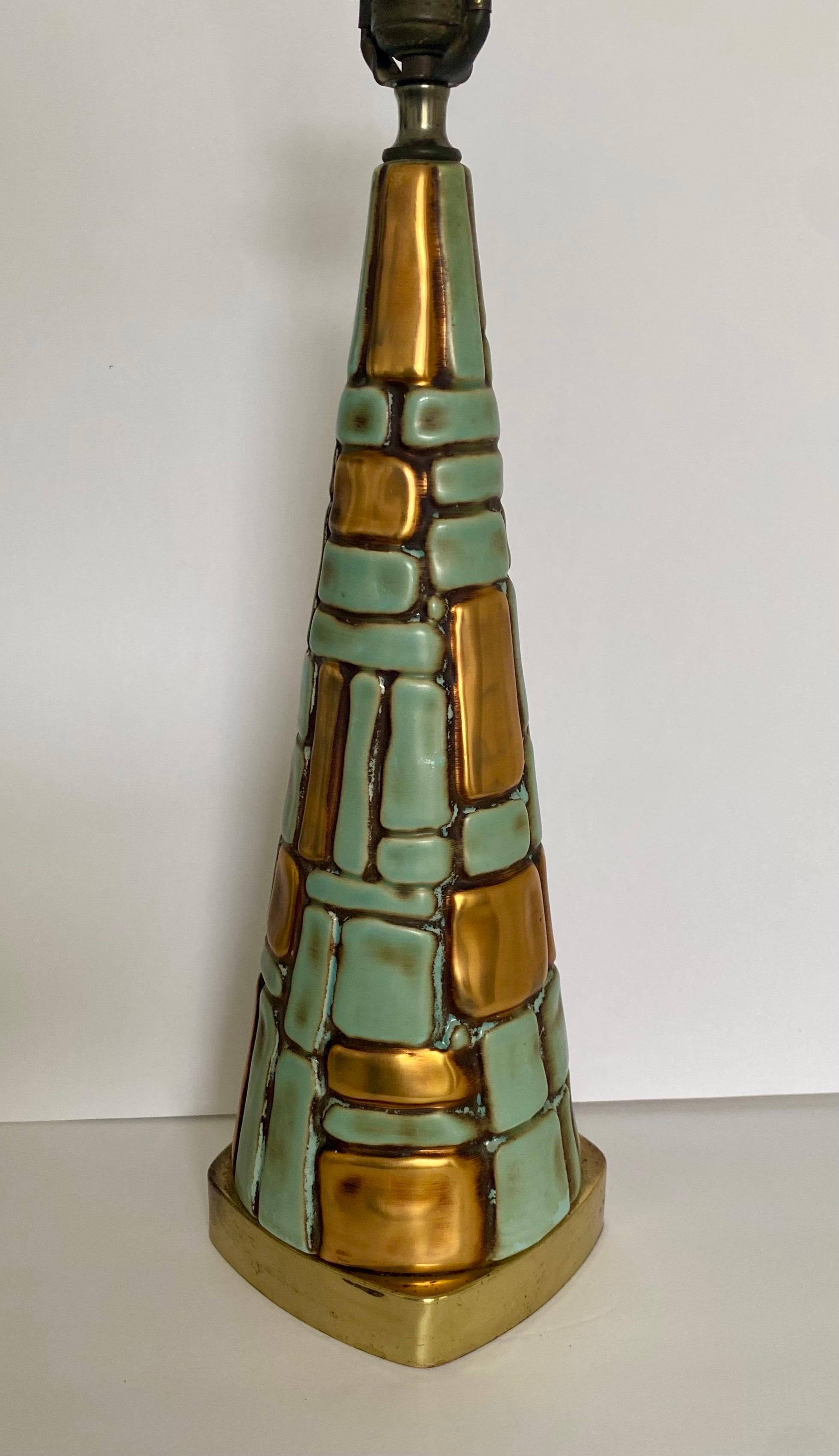 Mid-Century Modern Sculptural Mosaic Turquoise & Gold Table Lamp  In Good Condition For Sale In Lambertville, NJ