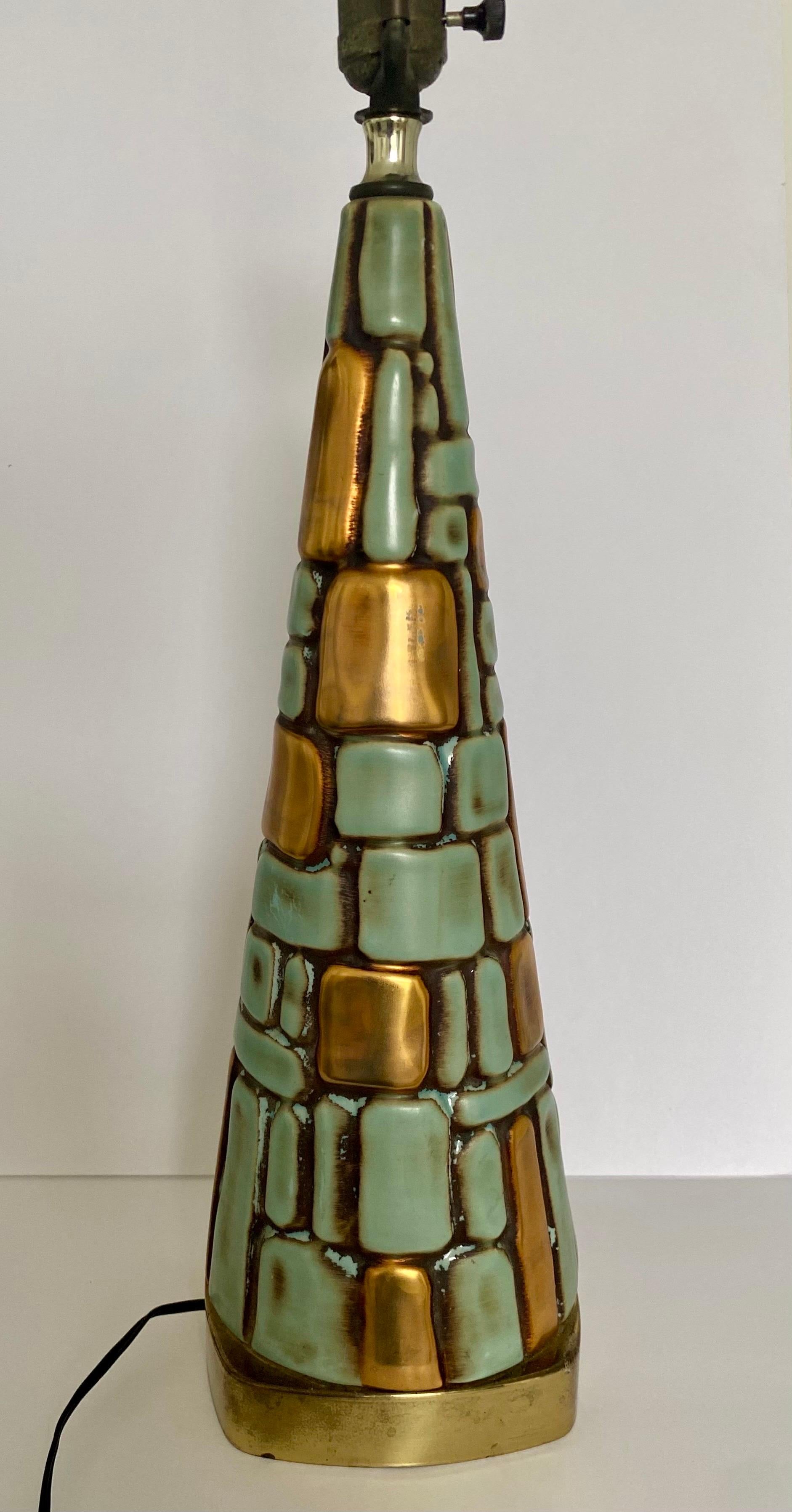 Late 20th Century Mid-Century Modern Sculptural Mosaic Turquoise & Gold Table Lamp  For Sale