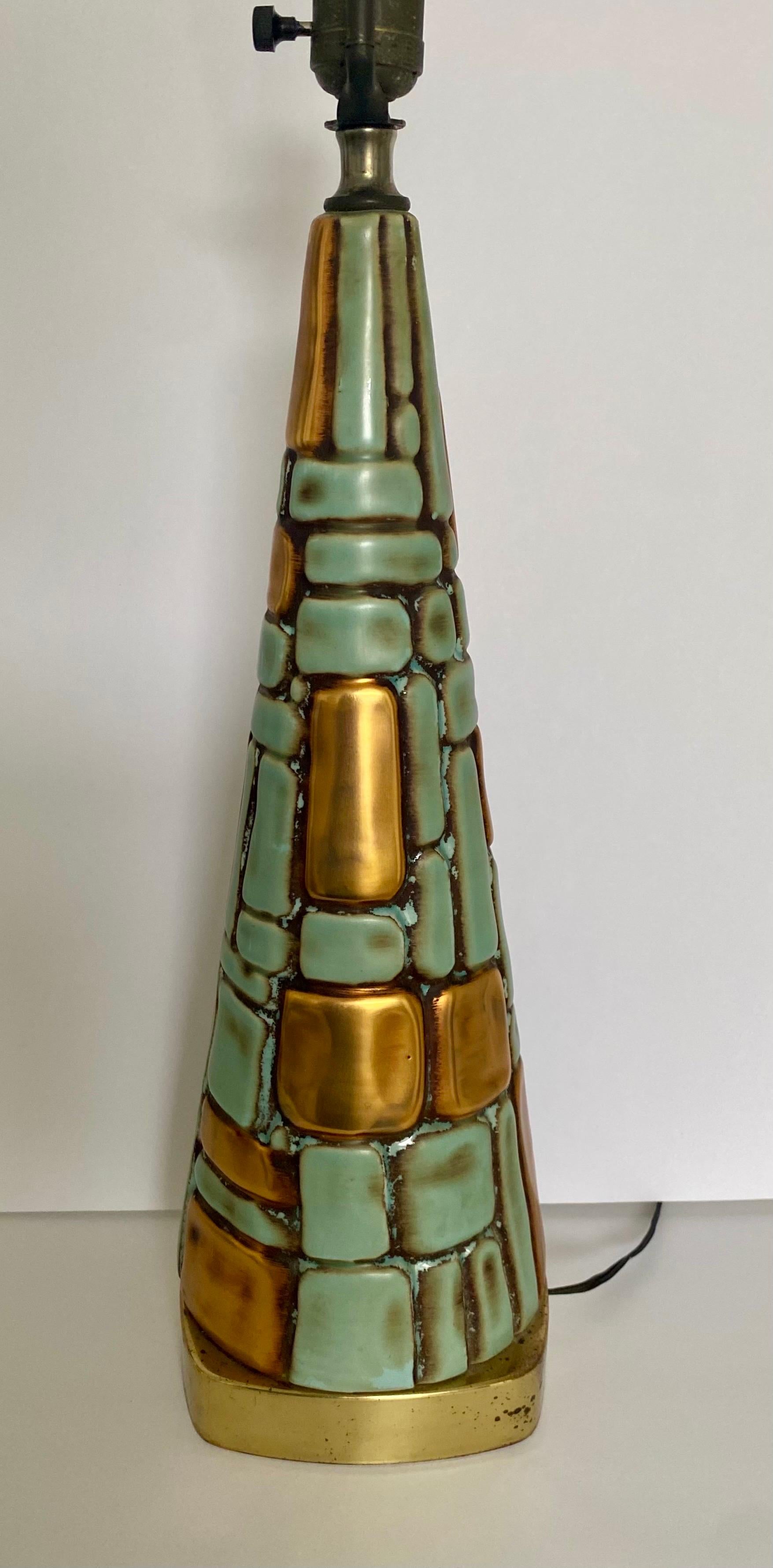 Brass Mid-Century Modern Sculptural Mosaic Turquoise & Gold Table Lamp  For Sale