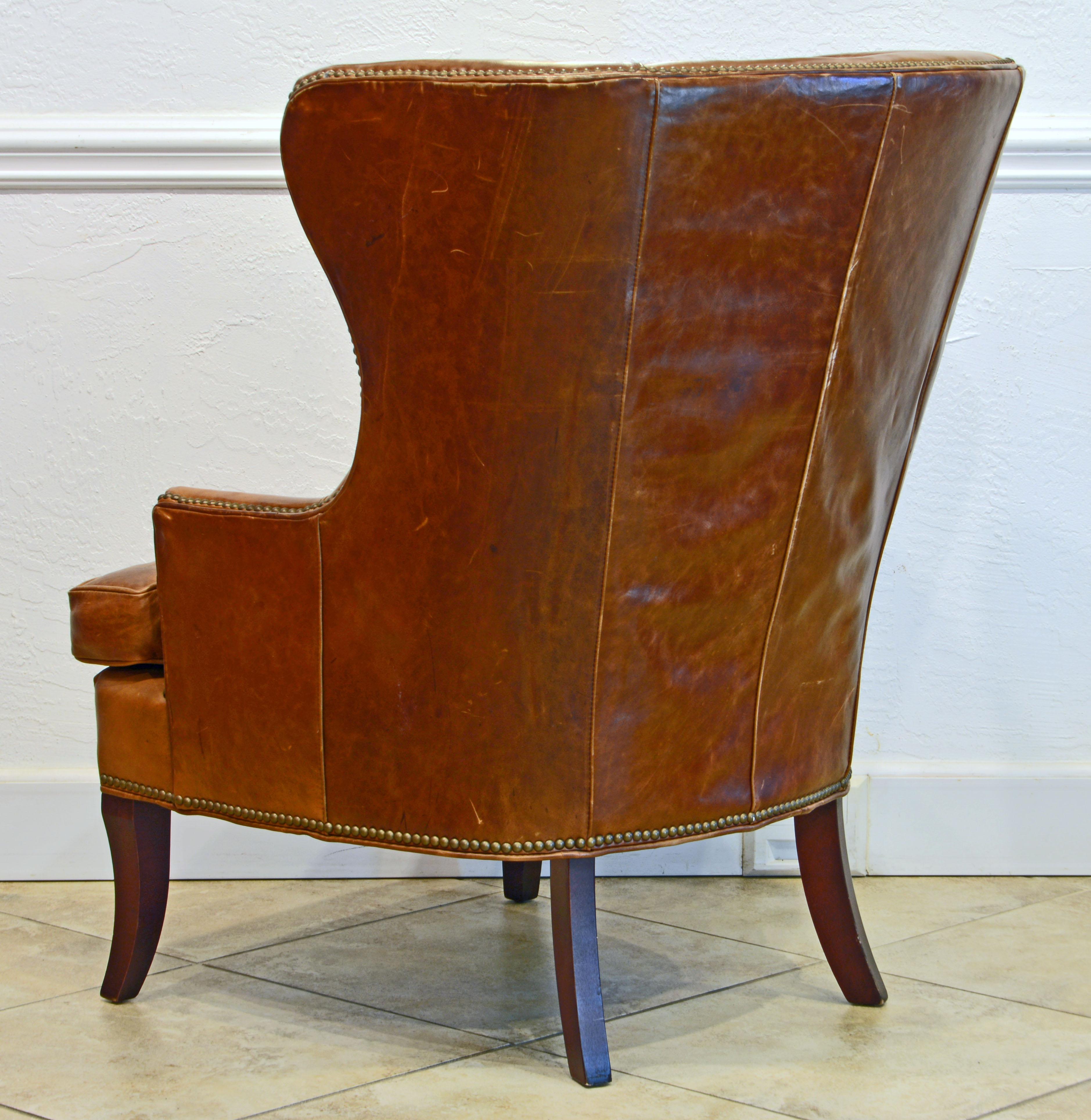 Mid-Century Modern Sculptural Nail Head Trimmed Tanned Leather Wing Chair In Good Condition In Ft. Lauderdale, FL