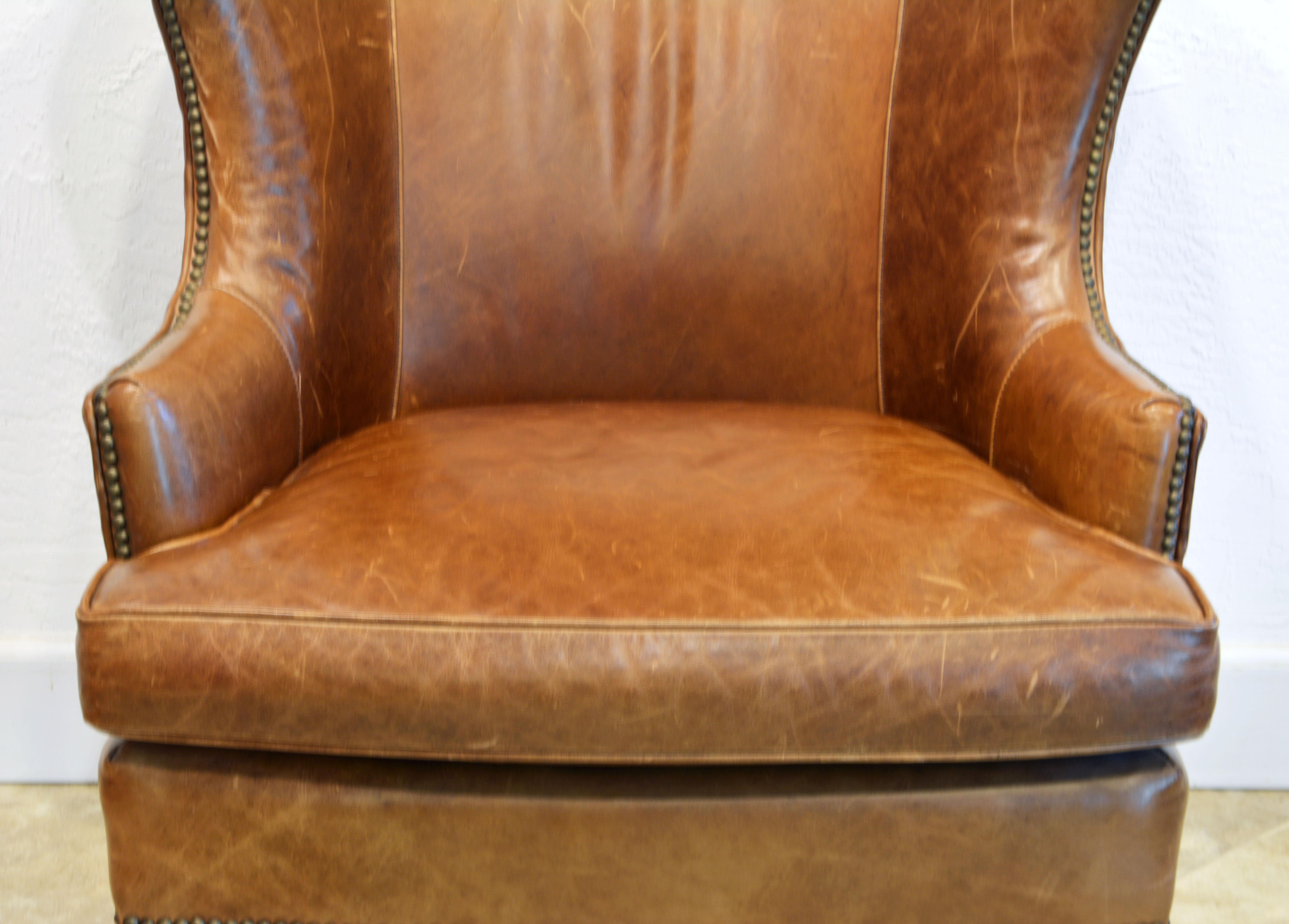20th Century Mid-Century Modern Sculptural Nail Head Trimmed Tanned Leather Wing Chair