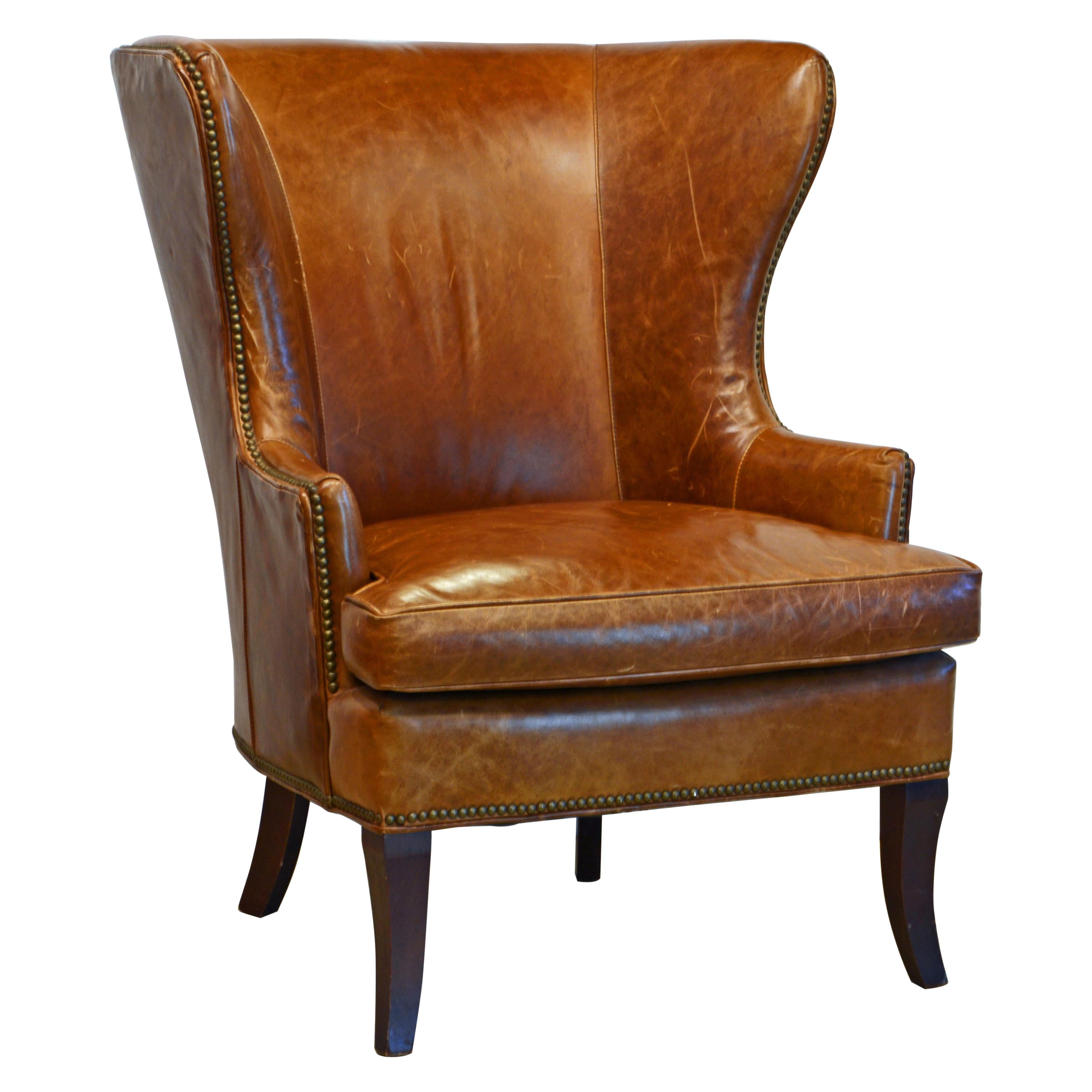 Mid-Century Modern Sculptural Nail Head Trimmed Tanned Leather Wing Chair
