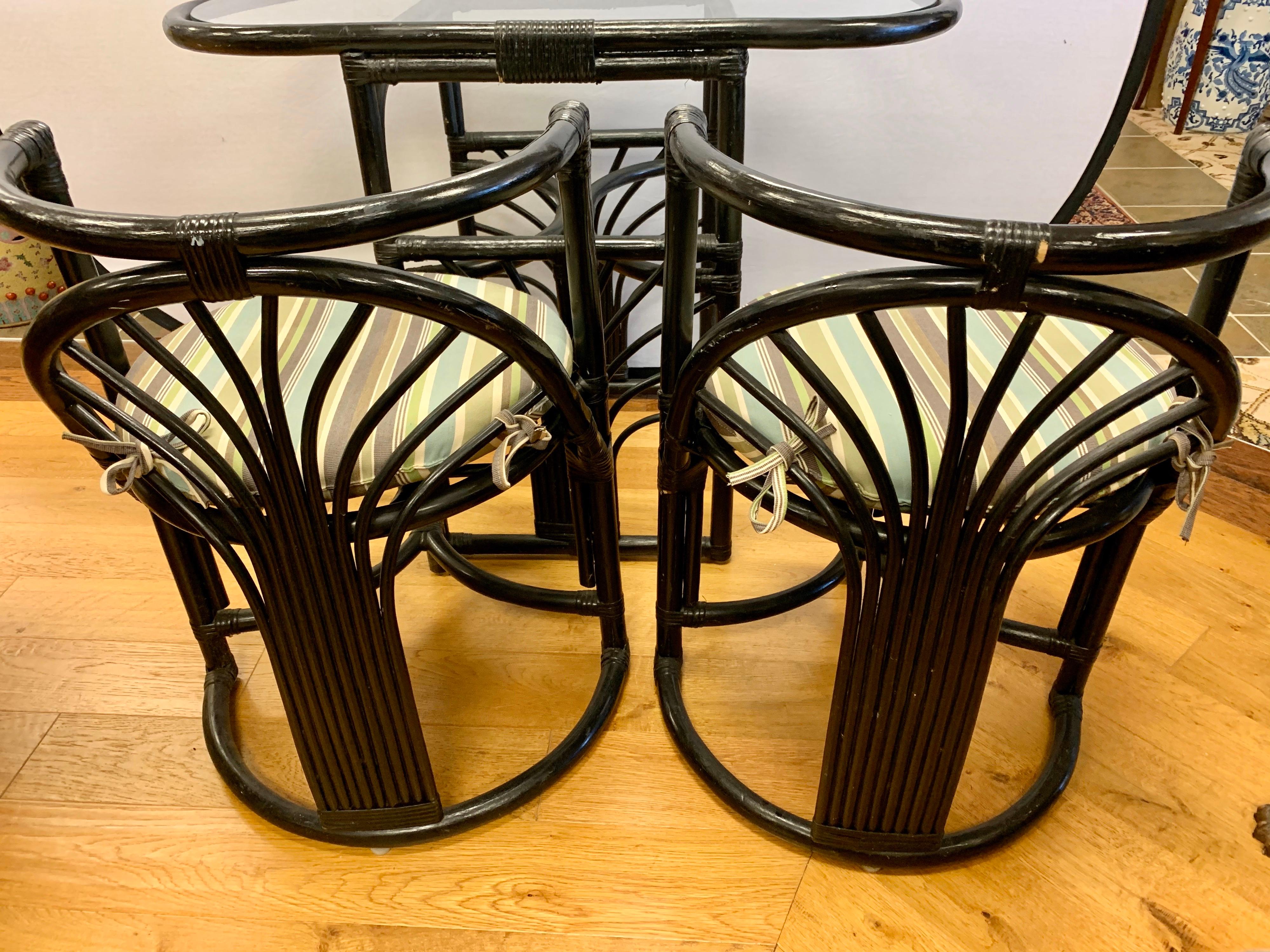 Mid-Century Paul Frankl Style 3 Pc Oval Rattan Bamboo Bistro Set Table, 2 Chairs In Good Condition In West Hartford, CT