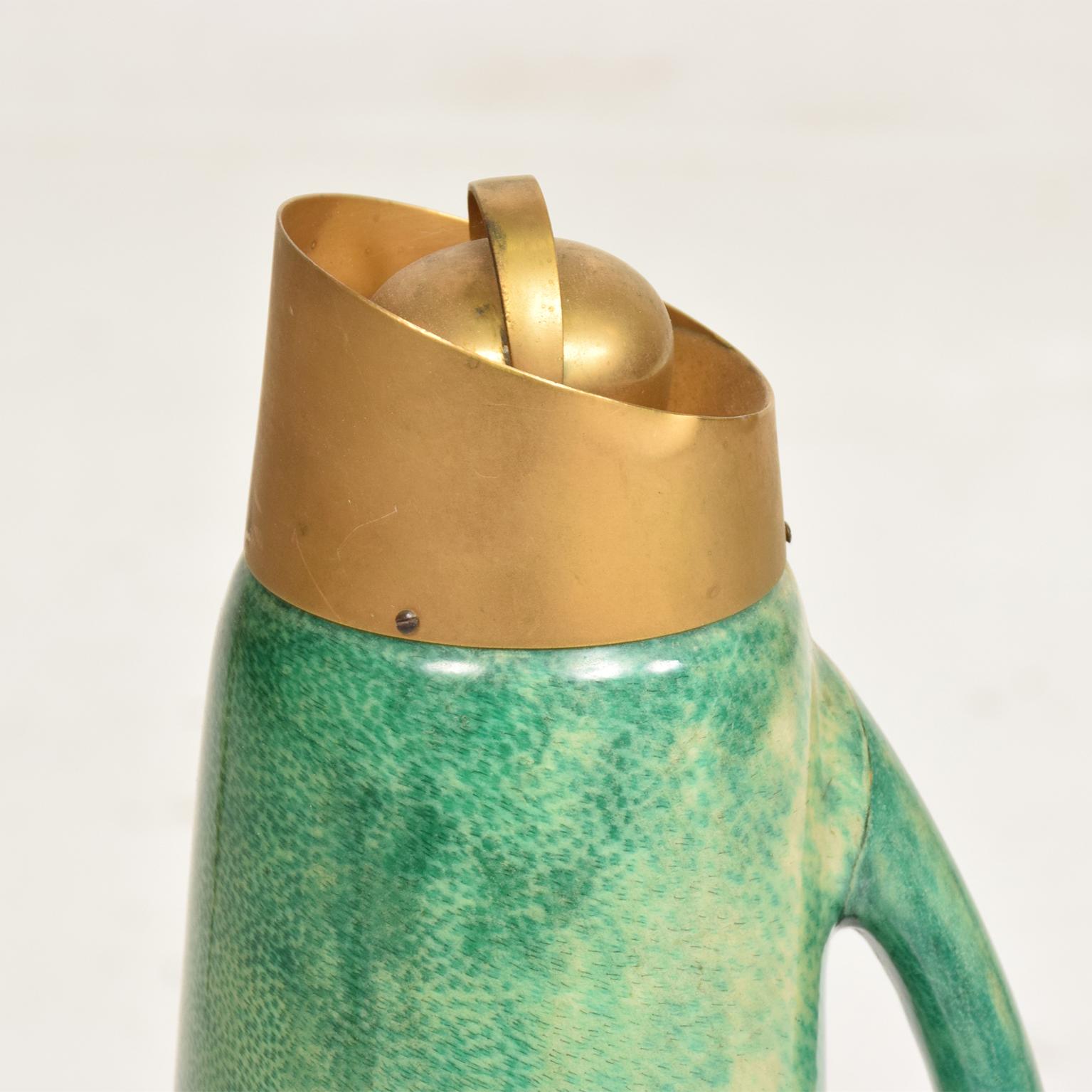 Italian Mid Century Modern Sculptural Pitcher, Aldo Tura, Green Goatskin & Brass Accents