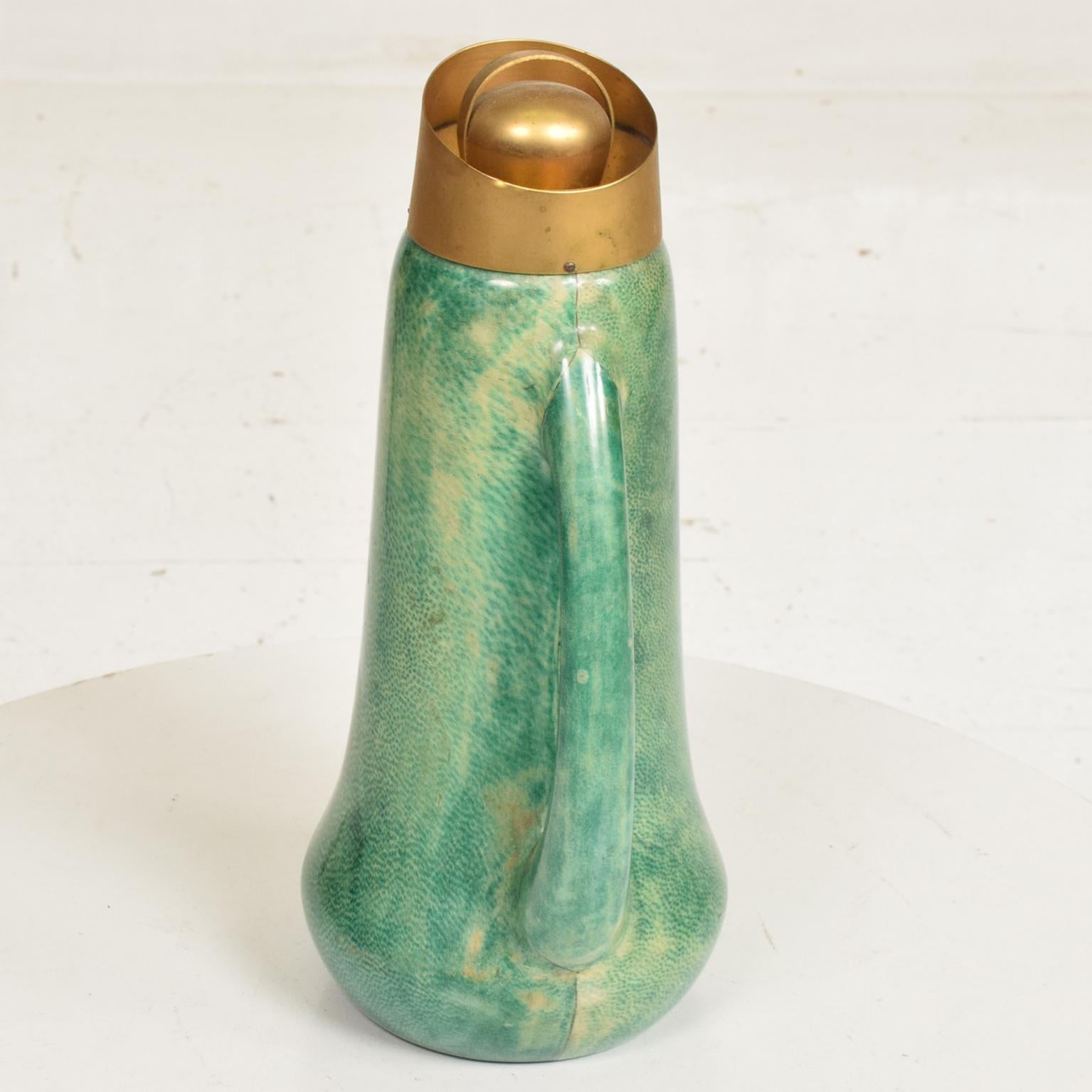 Mid Century Modern Sculptural Pitcher, Aldo Tura, Green Goatskin & Brass Accents In Good Condition In Chula Vista, CA