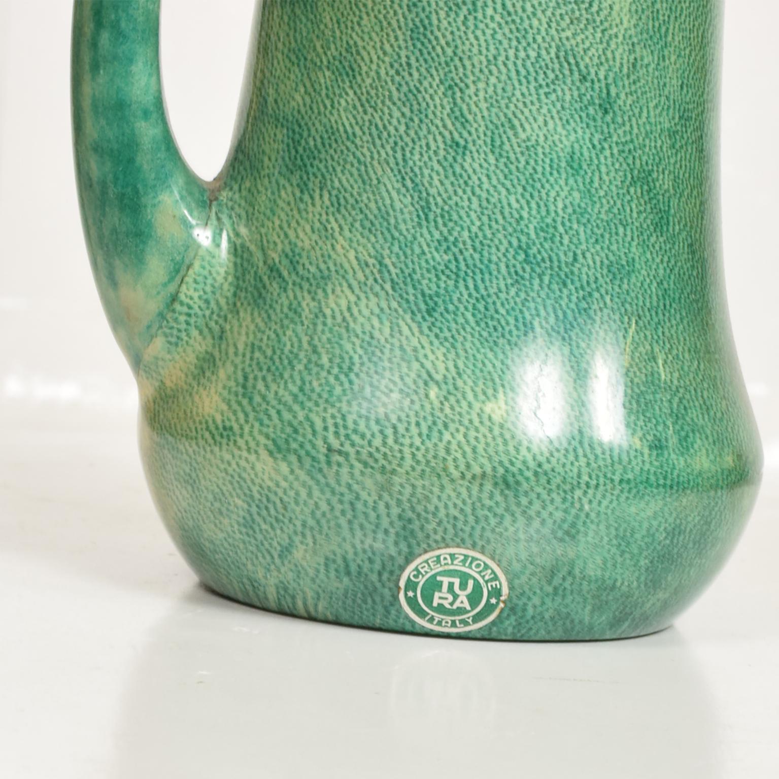 Mid-17th Century Mid Century Modern Sculptural Pitcher, Aldo Tura, Green Goatskin & Brass Accents