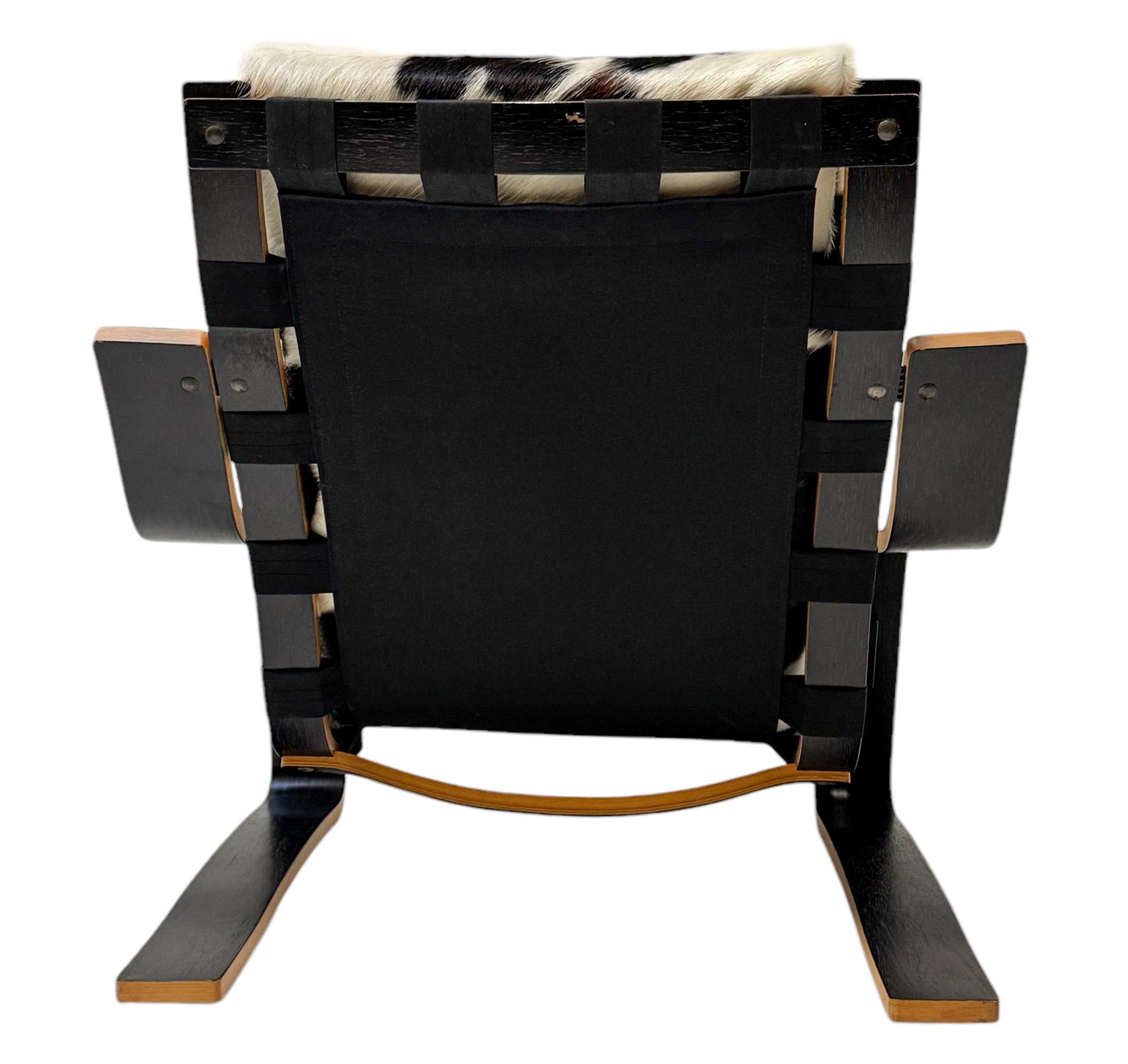Cowhide Mid-Century Modern Sculptural Plywood Lounge Chair, The Netherlands 1970s For Sale