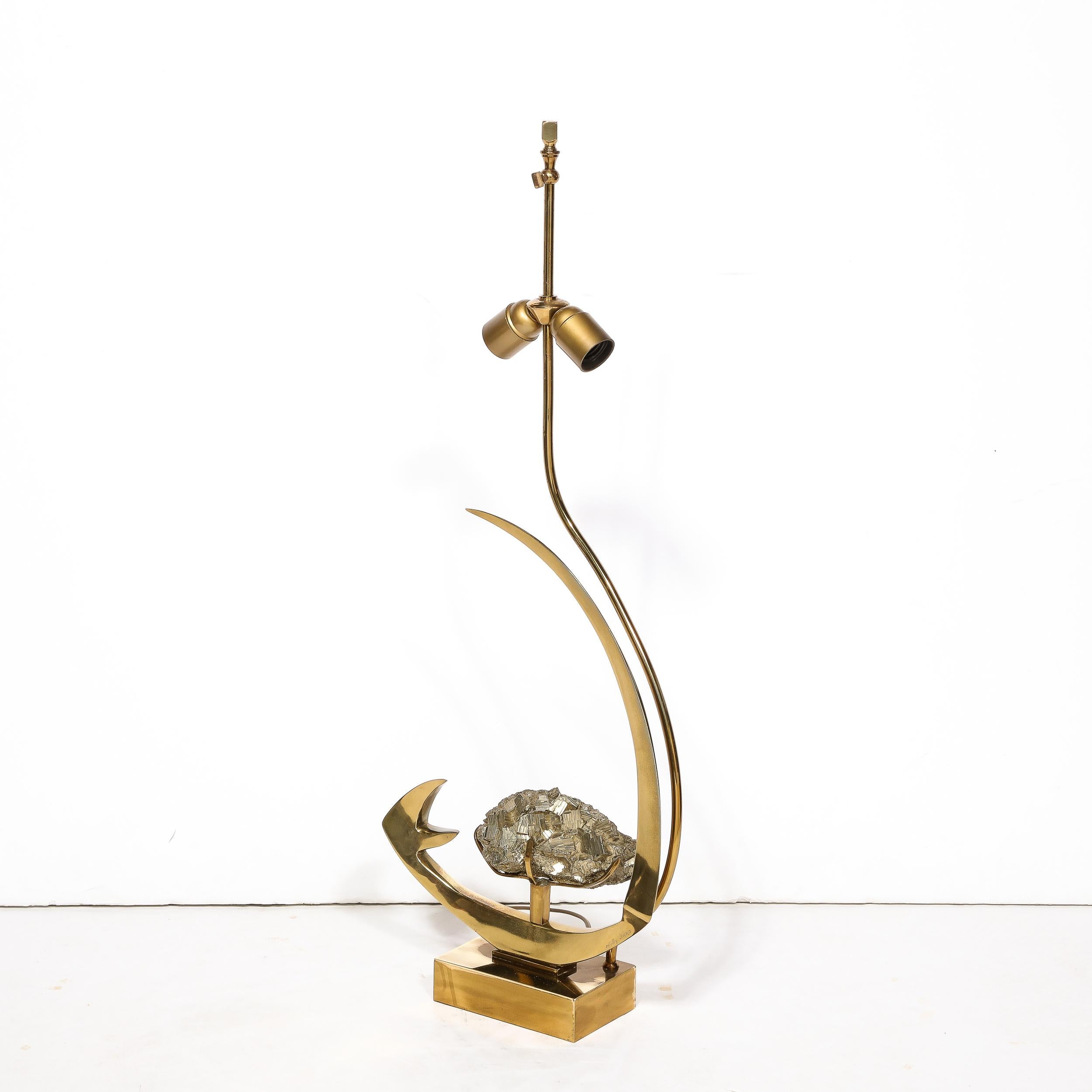 Mid-Century Modern Sculptural Polished Brass & Pyrite Table Lamp by Willy Daro For Sale 5