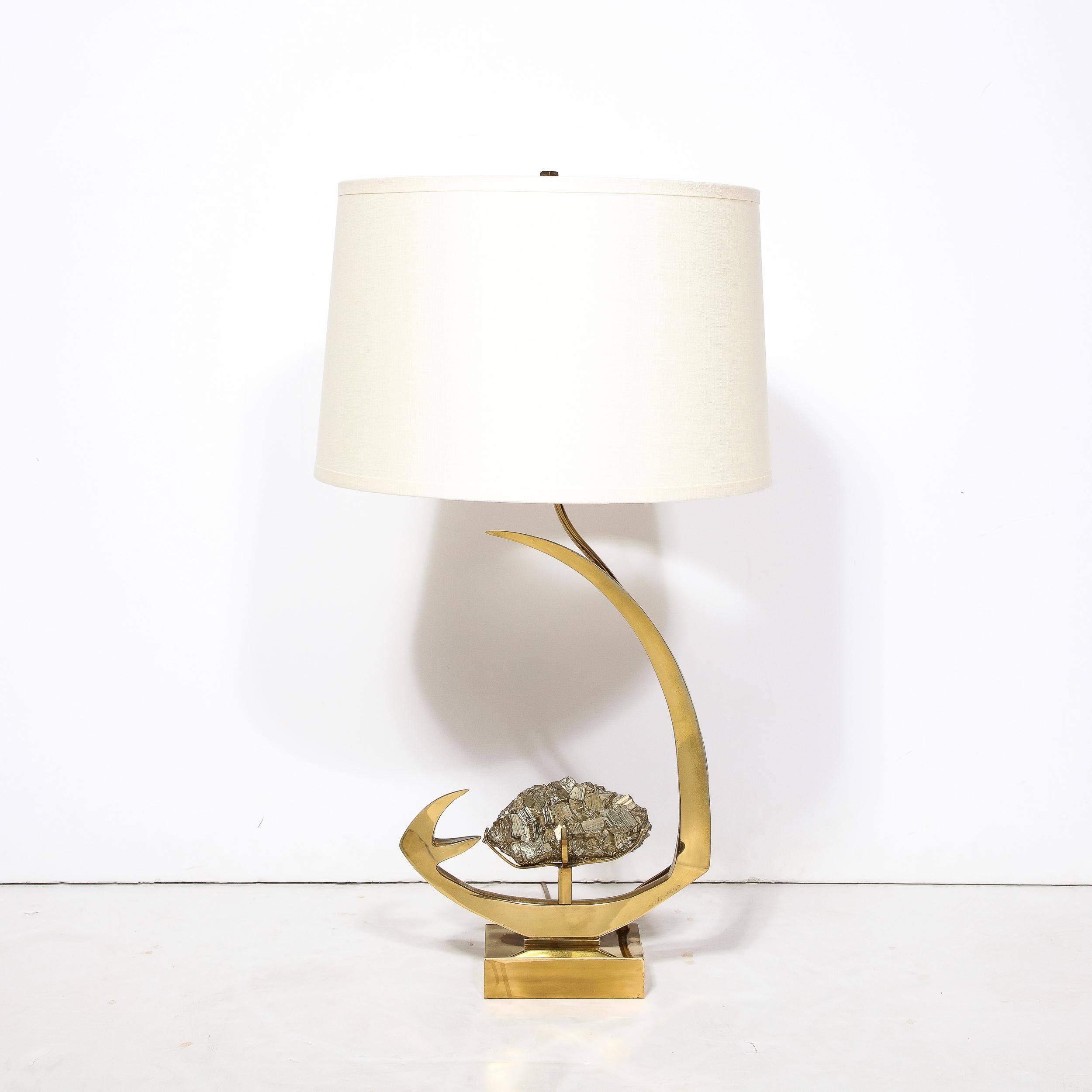 Belgian Mid-Century Modern Sculptural Polished Brass & Pyrite Table Lamp by Willy Daro For Sale